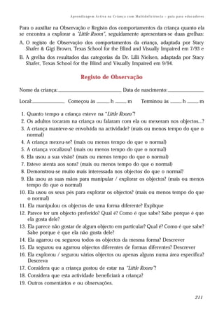 A p r e n d iz a ge m A c t i v a na C r i an ç a c o m M u l t i d e f i c i ê n c i a – g u i a p a ra e du c a do r e s


Para o auxiliar na Observação e Registo dos comportamentos da criança quanto ela
se encontra a explorar a "Little Room", seguidamente apresentam-se duas grelhas:
A. O registo de Observação dos comportamentos da criança, adaptada por Stacy
   Shafer & Gigi Brown, Texas School for the Blind and Visually Impaired em 7/93 e
B. A grelha dos resultados das categorias da Dr. Lilli Nielsen, adaptada por Stacy
   Shafer, Texas School for the Blind and Visually Impaired em 9/94.

                                    Registo de Observação

Nome da criança: _______________________________________ Data de nascimento: ______________________

Local:____________________ Começou às ________ h                   _______     m           Terminou às                _______    h   _______     m

 1. Quanto tempo a criança esteve na “Little Room”?
 2. Os adultos tocaram na criança ou falaram com ela ou mexeram nos objectos...?
 3. A criança manteve-se envolvida na actividade? (mais ou menos tempo do que o
    normal)
 4. A criança mexeu-se? (mais ou menos tempo do que o normal)
 5. A criança vocalizou? (mais ou menos tempo do que o normal)
 6. Ela usou a sua visão? (mais ou menos tempo do que o normal)
 7. Esteve atenta aos sons? (mais ou menos tempo do que o normal)
 8. Demonstrou-se muito mais interessada nos objectos do que o normal?
 9. Ela usou as suas mãos para manipular / explorar os objectos? (mais ou menos
    tempo do que o normal)
10. Ela usou os seus pés para explorar os objectos? (mais ou menos tempo do que
    o normal)
11. Ela manipulou os objectos de uma forma diferente? Explique
12. Parece ter um objecto preferido? Qual é? Como é que sabe? Sabe porque é que
    ela gosta dele?
13. Ela parece não gostar de algum objecto em particular? Qual é? Como é que sabe?
     Sabe porque é que ela não gosta dele?
14. Ela agarrou ou segurou todos os objectos da mesma forma? Descrever
15. Ela segurou ou agarrou objectos diferentes de formas diferentes? Descrever
16. Ela explorou / segurou vários objectos ou apenas alguns numa área específica?
     Descreva
17. Considera que a criança gostou de estar na “Little Room”?
18. Considera que esta actividade beneficiará a criança?
19. Outros comentários e ou observações.

                                                                                                                                            211
 