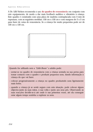 Apoios   Educativos


A Dr. Lilli Nielsen recomenda o uso do quadro de ressonância em conjunto com
este equipamento, de modo a dar mais feedback auditivo e vibratório à criança.
Este quadro é construído com uma placa de madeira contraplacada com 4 mm de
espessura, com as seguintes medidas: 150 cm x 150 cm e com margens de 2 x 2 cm
para fazer de caixa de ressonância. Se a criança for muito pequenina pode ser de
120 cm x 120 cm.




 Quando for utilizado sem a “Little Room” o adulto pode:
 – sentar-se no quadro de ressonância com a criança sentada na sua perna para
   tomar contacto com o quadro e produzir pequenos sons, dando informação à
   criança do que vai fazer.
 – colocar progressivamente a criança no quadro produzindo sons ligeiramente
   mais fortes.
 – quando a criança já se sentir segura com esta situação, pode colocar alguns
   objectos junto às suas mãos, à sua volta e junto aos seus pés. Observando as
   suas reacções decidir-se-á até onde ir nas primeiras vezes, até ela conseguir
   estar algum tempo sozinha a explorar os sons.




214
 