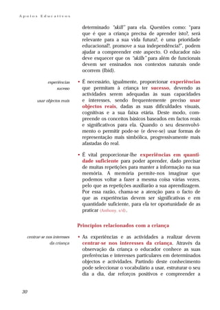 Apoios       Educativos


                                   determinado “skill” para ela. Questões como: “para
                                   que é que a criança precisa de aprender isto?, será
                                   relevante para a sua vida futura?, é uma prioridade
                                   educacional?, promove a sua independência?”, podem
                                   ajudar a compreender este aspecto. O educador não
                                   deve esquecer que os “skills” para além de funcionais
                                   devem ser ensinados nos contextos naturais onde
                                   ocorrem (Ibid).

                 experiências    • É necessário, igualmente, proporcionar experiências
                      sucesso      que permitam à criança ter sucesso, devendo as
                                   actividades serem adequadas às suas capacidades
          usar objectos reais      e interesses, sendo frequentemente preciso usar
                                   objectos reais, dadas as suas dificuldades visuais,
                                   cognitivas e a sua faixa etária. Deste modo, com-
                                   preende os conceitos básicos baseados em factos reais
                                   e significativos para ela. Quando o seu desenvolvi-
                                   mento o permitir pode-se (e deve-se) usar formas de
                                   representação mais simbólica, progressivamente mais
                                   afastadas do real.

                                 • É vital proporcionar-lhe experiências em quanti-
                                   dade suficiente para poder aprender, dado precisar
                                   de muitas repetições para manter a informação na sua
                                   memória. A memória permite-nos imaginar que
                                   podemos voltar a fazer a mesma coisa várias vezes,
                                   pelo que as repetições auxiliarão a sua aprendizagem.
                                   Por essa razão, chama-se a atenção para o facto de
                                   que as experiências devem ser significativas e em
                                   quantidade suficiente, para ela ter oportunidade de as
                                   praticar (Anthony, s/d) .


                                 Princípios relacionados com a criança

     centrar-se nos interesses   • As experiências e as actividades a realizar devem
                  da criança       centrar-se nos interesses da criança. Através da
                                   observação da criança o educador conhece as suas
                                   preferências e interesses particulares em determinados
                                   objectos e actividades. Partindo deste conhecimento
                                   pode seleccionar o vocabulário a usar, estruturar o seu
                                   dia a dia, dar reforços positivos e compreender a


30
 
