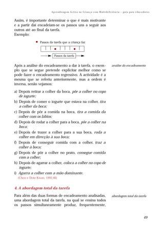 A p r e n d i z a g e m A c t i v a na Cr i an ç a c o m M ul t i de fi ci ê nc i a – g u i a p a ra e du c a do r e s


Assim, é importante determinar o que é mais motivante
e a partir daí encadeiam-se os passos uns a seguir aos
outros até ao final da tarefa.
Exemplo:

             • Passos da tarefa que a criança faz
                        •              •
                            Passos da tarefa


Após a análise do encadeamento a dar à tarefa, o exem -                                          análise do encadeamento
plo que se segue pretende explicitar melhor como se
pode fazer o encadeamento regressivo. A actividade é a
mesma que se referiu anteriormente, mas a ordem é
inversa, senão vejamos:

a) Depois retirar a colher da boca, põe a colher no copo
   de iogurte;
b) Depois de comer o iogurte que estava na colher, tira
   a colher da boca;
c) Depois de pôr a comida na boca, tira a comida da
   colher com os lábios;
d) Depois de rodar a colher para a boca, põe a colher na
   boca;
e) Depois de trazer a colher para a sua boca, roda a
   colher em direcção à sua boca;
f) Depois de conseguir comida com a colher, traz a
   colher à boca;
g) Depois de pôr a colher no prato, consegue comida
   com a colher;
h) Depois de agarrar a colher, coloca a colher no copo de
   iogurte;
i) Agarra a colher com a mão dominante.
  (Chen e Dote-Kwan, 1995:46)


4. A abordagem total da tarefa

Para além das duas formas de encadeamento analisadas,                                            abordagem total da tarefa
uma abordagem total da tarefa, na qual se ensina todos
os passos simultaneamente produz, frequentemente,


                                                                                                                                        49
 