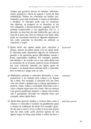 A p r e n d iz a ge m A c t i v a na C r i an ç a c o m M u l t i d e f i c i ê n c i a – g u i a p a ra e du c a do r e s


  sempre que possível, devem ser simples, suficiente-
  mente pequenos e fáceis de agarrar e serem de fácil
  substituição. Podem ser colocados em fundos con-
  trastantes, para mais facilmente a criança os identificar
  e localizar. O educador pode usar os contornos
  dos objectos, as imagens ou os desenhos se ela
  tiver adquirido o desenvolvimento cognitivo que lhe
  permita compreender o seu significado. Por i.e. o
  desenho ou uma foto da mãe lembra-lhe que está na
  hora de ir para casa. Para as crianças com baixa visão
  pode ser necessário fazerem-se algumas adaptações,
  tais como aumentar os desenhos ou salientar os
  contornos a negro.

f) Ajuda táctil: são ajudas dadas pelo educador à                                                  ajuda táctil
   criança, através de pistas tácteis e/ou de ajuda táctil.
   O educador pode apresentar objectos de referência,
   quando a ela apresenta graves dificuldades visuais e
   fracas capacidades auditivas. Por exemplo, quando
   está deitada e, de acordo com a sua rotina diária está
   no momento de se levantar, pode-se tocar levemente
   nos seus cotovelos, fazendo um ligeiro gesto de
   levantar e, só depois desse estímulo táctil, o educador
   deve levantá-la e pegar nela ao colo.

g) Modelação: primeiro o educador demonstra o com-                                                 modelação
   portamento a ser imitado pela criança e só depois
   ela o imita. Por exemplo, o educador tem um carro
   com um cordel e gostaria que a criança aprendesse a
   puxá-lo, então, realiza a actividade brincando com o
   carro e depois espera que ela o imite. Para as crianças
   com graves problemas motores e visuais esta técnica
   não é apropriada, devendo ser utilizada outra, por
   exemplo, maior ajuda física.

h) Ajuda física parcial: implica o contacto físico entre a                                         ajuda física parcial
   criança e o educador e consiste em gentilmente guiar
   a criança na realização da tarefa. Por exemplo: quan-
   do ela está a comer e leva a colher à boca mas depois
   não faz mais nada, pode precisar apenas de um
   ligeiro toque no braço para retirar a colher da boca e


                                                                                                                                          53
 