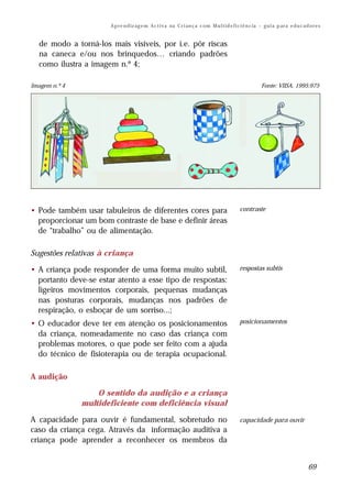 A p re n d iz ag e m A c t i v a na C r i an ç a c om M u l t i d e f i c i ê n c ia – g u i a p ar a e d u c a d o r e s


  de modo a torná-los mais visíveis, por i.e. pôr riscas
  na caneca e/ou nos brinquedos… criando padrões
  como ilustra a imagem n.º 4;

Imagem n.º 4                                                                                                 Fonte: VIISA, 1995:975




• Pode também usar tabuleiros de diferentes cores para                                           contraste
  proporcionar um bom contraste de base e definir áreas
  de “trabalho” ou de alimentação.

Sugestões relativas à criança

• A criança pode responder de uma forma muito subtil,                                            respostas subtis
  portanto deve-se estar atento a esse tipo de respostas:
  ligeiros movimentos corporais, pequenas mudanças
  nas posturas corporais, mudanças nos padrões de
  respiração, o esboçar de um sorriso...;
• O educador deve ter em atenção os posicionamentos                                              posicionamentos
  da criança, nomeadamente no caso das criança com
  problemas motores, o que pode ser feito com a ajuda
  do técnico de fisioterapia ou de terapia ocupacional.

A audição

                   O sentido da audição e a criança
               multideficiente com deficiência visual

A capacidade para ouvir é fundamental, sobretudo no                                              capacidade para ouvir
caso da criança cega. Através da informação auditiva a
criança pode aprender a reconhecer os membros da


                                                                                                                                        69
 