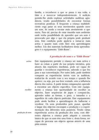 Apoios    Educativos


                            família, a reconhecer o que se passa à sua volta, a
                            falar e a mover-se independentemente. A audição
                            permite-lhe ainda explorar actividades auditivas agra-
                            dáveis, tendo possibilidades de encontrar formas
                            recreativas positivas. É frequente a criança multidefi-
                            ciente cega parar os seus movimentos quando ouve
                            um som, de modo a escutar mais atentamente o que
                            ouviu. Para tal, precisa de estar inserida num ambiente
                            onde tenha possibilidade de aprender que um som é
                            provocado por algo e que ela própria pode produzir
                            sons. Esta condição pode ajudá-la a tornar-se mais
                            activa e quanto mais cedo fizer esta aprendizagem
                            melhor. Um dos materiais facilitadores desta aprendiza-
                            gem é o equipamento “Little Room”.


                                           A produção de sons e a “Little Room”

                   activa   Este equipamento permite à criança ser mais activa e
                            fazer as coisas a partir da sua própria iniciativa, pois
                            através das repetições imediatas, pode ser capaz de
                            guardar e reconhecer experiências, sabendo o que fez
                            para a sua concretização. Por outro lado, pode também
                            comparar as experiências tácteis com as auditivas,
                            realizá-las de acordo com o seu tempo e quando lhe
                            apetece, ou seja, por sua livre vontade, sem a influência
                            directa dos outros. A partir destas comparações aprende
                            a encontrar um objecto específico. Com este equipa-
                 escolher   mento a criança tem oportunidade de escolher os
                            objectos, fazer sequências de jogos e compará-las,
                            aprender sobre as formas, o peso, o tamanho e a
                            superfície de cada objecto particular. Este equipamento
                            pode ainda facilitar a aprendizagem do balbuciar e
                            vocalizar. Os sons produzidos pelo puxar, apanhar
                            e largar dos objectos encorajam a produção e a experi-
                            mentação dos diferentes sons possíveis. Tendo várias
         produção de sons   experiências acerca da produção dos sons, com dife-
                            rentes objectos a criança pode adquirir o conceito
                            básico de que os sons têm uma fonte e, desta forma, ser
                            capaz de procurar um objecto apenas através de uma
                            pista sonora.


70
 