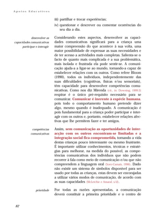 Apoios     Educativos


                               iii) partilhar e trocar experiências;
                               iv) questionar e descrever ou comentar ocorrências do
                                   seu dia a dia.

             desenvolver as    Considerando estes aspectos, desenvolver as capaci-
capacidades comunicativas      dades comunicativas significará para a criança uma
      participar e interagir   maior compreensão do que acontece à sua volta, uma
                               maior possibilidade de expressar as suas necessidades e
                               de ter acesso a actividades mais completas. Salienta-se o
                               facto de quanto mais complicada é a sua problemática,
                               mais isolada e frustrada ela pode sentir-se. A comuni-
                               cação ajuda-a a ligar-se ao mundo, tornando-a capaz de
                               estabelecer relações com os outros. Como refere Bloom
                               (1990), todos os indivíduos, independentemente das
                               suas dificuldades (cognitivas, físicas e/ou sensoriais),
                               têm capacidade para desenvolver competências comu-
                               nicativas. Como nos diz Mirenda (cit., in: Downing, 1999:3)
                               respirar é o único pré-requisito necessário para se
                               comunicar. Comunicar é inerente à espécie humana,
                               pois todo o comportamento humano pretende dizer
                               algo, mesmo quando é inadequado. A comunicação é
                               pois fundamental para a criança poder participar e inter-
                               agir com os outros e, portanto, estabelecer relações afec-
                               tivas que lhe permitem fazer e ter amigos.

              competências     Assim, sem comunicação as oportunidades de inter-
             comunicativas     acção com os outros encontram-se limitadas e a
                               integração social fica comprometida, tornando a vida
                               destas crianças pouco interessante ou mesmo frustrante.
                               É importante utilizar conhecimentos, técnicas e estraté-
                               gias para melhorar, na medida do possível, as compe-
                               tências comunicativas dos indivíduos que não podem
                               recorrer à fala como meio de comunicação e/ou que não
                               compreendem a linguagem oral (Soro-Camats, 1996) . Dado
                               não existir um sistema de símbolos disponível para ser
                               usado por todas as crianças, estas devem ser encorajadas
                               a utilizar vários modos de comunicação, de acordo com
                               as suas capacidades (McLetchie e Amaral, s/d).

                 prioridade    Por todas as razões apresentadas, a comunicação
                               deverá constituir a primeira prioridade e o centro de


82
 