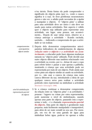 Apoios    Educativos


                                e/ou tácteis. Desta forma ela pode compreender o
                                significado do objecto pista (por i.e., vestir o casaco
                                significa ir à rua). Se tiver problemas neuromotores
                                graves e não ver, o adulto pode necessitar de a ajudar
                                a manipular o objecto. O “objecto pista” a utilizar
                                para uma actividade deve ser único e não deve ser
                                usado para outras actividades. Este aspecto é válido
                                quer o objecto seja utilizado para representar uma
                                actividade, um lugar, uma pessoa, um aconteci-
                                mento... Depois de usar várias vezes, observe se a
                                criança antecipa a actividade – ficando excitada,
                                sorrindo... – indicando a compreensão de que a activi-
                                dade se vai realizar.
          comportamentos      2. Depois dela demonstrar comportamentos anteci-
             antecipatórios      patórios indicadores do estabelecimento de alguma
            objecto similar      relação entre o objecto e a actividade ou acon-
                                 tecimento, o educador pode fazer algumas mudanças
                                 naturais no “objecto pista” utilizado. Pode decidir usar
                                 outro objecto diferente mas também relacionado com
                                 a actividade ou evento, por i.e., deixar de usar o copo
                                 para referir beber e passar a usar apenas a palhinha,
                                 mostrando à criança que uma actividade pode ser
                                 representada por mais de um objecto. Pode ainda usar
                                 como pista um objecto similar ao usado na actividade,
                                 por i.e., não usar a caneca da criança mas outra
                                 caneca diferente da sua, introduzindo a ideia de que
                                 qualquer caneca serve para realizar a actividade
                                 podendo estes representar ou simbolizar a actividade
                                (Rowland e Schweigert, 1998).

     nível de simbolização    3. Se a criança continuar a demonstrar compreensão
     representação parcial       da relação entre os “objectos pista” e as actividades /
                 do objecto      pessoas / lugares ou coisas por estes representadas,
                                 pode aumentar o nível de simbolização, usando
                                 apenas uma parte do objecto, passando esta a repre-
                                 sentar o todo – é a chamada representação parcial
                                 do objecto. Esta parte do objecto é geralmente mais
                                 pequena, mais facilmente manipulada e transportável,
                                 para além de ser mais versátil no seu uso. Por exem-
                                 plo, em vez de ter uma garrafa de água para
                                 simbolizar beber água, pode-se ter apenas a rolha


90
 
