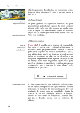 Apoios   Educativos


                              objectos por partes dos objectos, por contornos a negro,
                              imagens, fotos, miniaturas...) como o que nos mostra a
                              foto n.º 5.


                              d) Pistas Gestuais
                 Foto n.º 5
     Fotografia e desenhos    As pistas gestuais são expressões corporais, as quais
                              podem incluir gestos faciais e gestos das mãos e exigem
                              alguma visão, pelo que não podem ser usadas com
                              crianças cegas. São normalmente usadas na comuni-
                              cação, por i.e., acenar para dizer adeus, acenar “não” ou
     expressões corporais     “sim” com a cabeça...


                              e) Pistas de Imagens

                nível de      O que são? À medida que a criança vai conseguindo
           simbolização       funcionar a níveis mais elaborados/abstractos, o
          mais abstracto      educador pode, progressivamente, começar a utilizar
                              pistas mais exigentes ao nível da simbolização. Isto é,
                              usar pistas dadas através de imagens, as quais podem
                              incluir os contornos de objectos, os desenhos e as
                              fotografias, dependendo estes aspectos das capacidades
                              da criança. Estas pistas exigem-lhe alguma visão para
                              perceber a imagem e capacidades cognitivas para poder
                              compreender que o desenho de uma “chave” pode
                              representar “ir para casa”.



                                                      representa ir para casa



     capacidades visuais      A criança deve entender que o desenho pode represen-
                              tar um objecto, uma pessoa, um lugar, uma coisa ou uma
                              actividade. O tamanho do desenho/imagem deve ser
                              analisado de acordo com as capacidades visuais da
                              criança. Se ela não conseguir perceber a imagem,
                              devido ao facto desta ser complicada, pode-se usar,
                              por i.e., o desenho apenas com os contornos do
                              objecto.


94
 