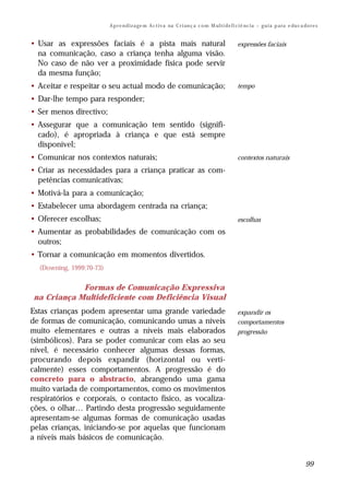 A p r e n d i z a ge m A c t i v a na C r i an ç a c o m M ul t i de f i ci ê nc i a – g u i a p a ra e du c a do r e s


• Usar as expressões faciais é a pista mais natural                                                expressões faciais
  na comunicação, caso a criança tenha alguma visão.
  No caso de não ver a proximidade física pode servir
  da mesma função;
• Aceitar e respeitar o seu actual modo de comunicação;                                            tempo

• Dar-lhe tempo para responder;
• Ser menos directivo;
• Assegurar que a comunicação tem sentido (signifi-
  cado), é apropriada à criança e que está sempre
  disponível;
• Comunicar nos contextos naturais;                                                                contextos naturais
• Criar as necessidades para a criança praticar as com-
  petências comunicativas;
• Motivá-la para a comunicação;
• Estabelecer uma abordagem centrada na criança;
• Oferecer escolhas;                                                                               escolhas
• Aumentar as probabilidades de comunicação com os
  outros;
• Tornar a comunicação em momentos divertidos.
  (Downing, 1999:70-73)


             Formas de Comunicação Expressiva
 na Criança Multideficiente com Deficiência Visual
Estas crianças podem apresentar uma grande variedade                                               expandir os
de formas de comunicação, comunicando umas a níveis                                                comportamentos
muito elementares e outras a níveis mais elaborados                                                progressão
(simbólicos). Para se poder comunicar com elas ao seu
nível, é necessário conhecer algumas dessas formas,
procurando depois expandir (horizontal ou verti-
calmente) esses comportamentos. A progressão é do
concreto para o abstracto, abrangendo uma gama
muito variada de comportamentos, como os movimentos
respiratórios e corporais, o contacto físico, as vocaliza-
ções, o olhar… Partindo desta progressão seguidamente
apresentam-se algumas formas de comunicação usadas
pelas crianças, iniciando-se por aquelas que funcionam
a níveis mais básicos de comunicação.


                                                                                                                                          99
 