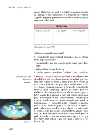 Apoios   Educativos


                           ordem alfabética, no qual é registado o comportamento
                           da criança, o seu significado e a resposta que obtém.
                           A grelha seguinte pretende exemplificar como se pode
                           organizar o dicionário.

                                                         DICIONÁRIO

                             O que a criança faz         O que significa   Como responder




                           (Mirenda in: Downing, 1999)


                           A Comunicação Convencional
                           A comunicação convencional pressupõe que a criança
                           tenha capacidade para:
                           – compreender que um objecto pode servir para dizer
                             algo,
                           – saiba utilizar gestos simples e
                           – consiga apontar ou utilizar “switches” para comunicar.
      comunicação não      A criança começa a usar as pessoas e os objectos em
             simbólica     simultâneo, por i.e. estende o copo para dizer que quer
               apontar     mais leite (água ou sumo), acena para dizer adeus ou
                           toca com a mão na boca para dizer “tenho fome” (Creel,
                           s/d). Assim, progressivamente, a forma de comunicação
                           torna-se mais complexa, apesar de ainda não ser
                           simbólica. Se a criança tiver capacidades motoras para o
                           fazer, ensiná-la a apontar é um skill muito importante
                           para incrementar o seu funcionamento comunicativo
                           e pode fazê-lo caso ela tenha atingido este nível de
                           comunicação. O educador pode ensiná-la a apontar
                           para a porta, quando quer ir à rua, isto é, o apontar
                           pode indicar uma escolha de um objecto ou actividade.
                           A criança com problemas neuromotores graves pode
                           usar os “switches” para comunicar a este nível, por i.e.
                           pode tocar-lhes para comunicar onde quer ir, o que
                           quer fazer, para indicar o que quer para o almoço… (ver
              Foto n.º 6   foto n.º 6)


102
 