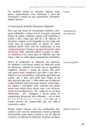 Ap r e n d i z a g e m Ac t i v a n a C ri an ç a c o m M u lt i d e fi ci ê nc i a – g ui a p ar a e d uc a d or e s


Os “switches” podem ter anexados objectos (reais,                                               switches
partes, representações e/ou miniaturas…), para dar
informação à criança do que representam: actividades,
lugares, pessoas...


A Comunicação Simbólica Emergente (adaptada)

Para usar esta forma de comunicação simbólica emer-                                            comportamentos
gente (adaptada) a criança tem de conseguir comunicar                                          mais abstractos
através de gestos complexos (gestos para simbolizar o
acabar, é meu, chega aqui, põe ali...), de objectos, de
desenhos/ imagens ou de fotografias (se tiver visão sufi-
ciente para os compreender) ou através de outros
símbolos tácteis. Neste nível de comunicação os seus
comportamentos tornam-se progressivamente mais
abstractos (ibid), podendo utilizar os gestos, os objec-
tos simbólicos e/ou outros tipos de símbolos (que não
sejam a fala) ou então algum equipamento electrónico.

Níveis de progressão na utilização dos símbolos.                                               níveis de progressão
Os símbolos a seleccionar podem ter diferentes níveis
de abstracção, variando de acordo com as capacidades
cognitivas, motoras e visuais da criança. Esta pode
usar gestos mais complexos para dizer o que sabe e
indicar as suas necessidades (usar gestos para dizer que
acabou, que é dela, para pedir para chegar ao pé
dela, para pôr algo aqui...). Pode ainda usar os objectos
como símbolos para representar pessoas, outros objec-
tos, lugares e actividades. Estes símbolos têm inicial-
mente uma relação física directa com o seu referente,
sendo em três dimensões - 3D - (objectos) ou em duas
dimensões - 2D - (imagens) e devem poder ser
manipulados fisicamente pelo utilizador – ver as fotos
n.º 7 e n.º 8 (Rowland e Schweigert, 1998). Para tal, a
criança precisa de compreender que um objecto
representa o outro.

Porque muitas crianças com esta problemática fun-                                               objectos de referência
cionam a este nível de comunicação, muitos programas
desenvolvidos junto destas incluem o uso de objectos
concretos, de objectos de referência, de gestos, de sinais,


                                                                                                                                     103
 