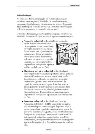 151
Comércio Exterior I
Unidade 4
Recinto Alfandegado
As operações de industrialização em recintos alfandegados
permitem a realização das atividades de acondicionamento,
montagem, beneﬁciamento e transformação, no caso de preparo
de alimentos para consumo a bordo de aeronaves e embarcações
utilizadas no transporte comercial internacional.
O recinto alfandegado, quando credenciado para a realização de
atividades de industrialização, recebe as seguintes denominações:
Aeroporto industrial, se localizado em aeroporto:
nestes recintos são admitidos as
partes, peças e outros materiais de
reposição, manutenção ou reparo
de aeronaves, e de equipamentos e
instrumentos de uso aeronáutico,
provisões de bordo de aeronaves
utilizadas no transporte comercial
internacional e quaisquer outros
importados e consignados a pessoa
jurídica estabelecida no País.
Plataforma portuária industrial, se localizada em
porto organizado ou instalação portuária de uso público:
são admitidos nestes recintos as provisões de bordo
de embarcações utilizadas no transporte comercial
internacional, partes, peças e outros materiais de
reposição, manutenção ou reparo de embarcações, e
de equipamentos e instrumentos de uso náutico, bens
destinados à manutenção, substituição ou reparo de
cabos submarinos de comunicação, quaisquer outros
importados e consignados à pessoa jurídica estabelecida
no País.
Porto seco industrial, se localizado em Estação
Aduaneira de Interior – EADI: a admissão no regime
será autorizada para a armazenagem de partes, peças e
outros materiais de reposição, manutenção ou reparo de
aeronaves e embarcações, partes, peças e outros materiais
de reposição, manutenção ou reparo de outros veículos,
assim como de máquinas, equipamentos, aparelhos e
instrumentos, quaisquer outros importados e consignados
à pessoa física ou jurídica, domiciliada ou estabelecida no
País.
comercio_exterior_I.indb 151comercio_exterior_I.indb 151 12/9/2007 10:09:3712/9/2007 10:09:37
 