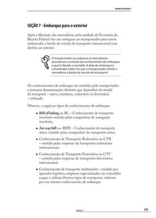 173
Comércio Exterior I
Unidade 5
SEÇÃO 7 - Embarque para o exterior
Após a liberação das mercadorias pela unidade da Secretaria da
Receita Federal elas são entregues ao transportador para serem
embarcadas a bordo do veículo de transporte internacional com
destino ao exterior.
O transportador ao embarcar as mercadorias
providencia a emissão do conhecimento de embarque
o qual é datado e assinado. A data de embarque é
considerada a data em que o transportador recebe a
mercadoria a bordo do veículo de transporte.
Os conhecimentos de embarque são emitidos pelo transportador
e possuem denominações distintas que dependem do modal
de transporte – aéreo, marítimo, rodoviário ou ferroviário
– utilizado.
Observe, a seguir,os tipos de conhecimentos de embarque:
Bill of lading ou BL – Conhecimento de transporte
marítimo emitido pelas companhias de navegação
marítima.
Air way bill ou AWB – Conhecimento de transporte
aéreo, emitido pelas companhias de transportes aéreo.
Conhecimento de Transporte Rodoviário ou CTR
– emitido pelas empresas de transportes rodoviários
internacionais.
Conhecimento de Transporte Ferroviário ou CTF
– emitido pelas empresas de transportes ferroviários
internacional.
Conhecimento de transporte multimodal – emitido por
operador logístico, empresas especializadas em consolidar
cargas e utilizar diversos tipos de transportes cobertos
por um mesmo conhecimento de embarque.
comercio_exterior_I.indb 173comercio_exterior_I.indb 173 12/9/2007 10:10:0712/9/2007 10:10:07
 