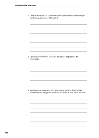 192
Universidade do Sul de Santa Catarina
2) Observe e descreva as características do conhecimento de embarque
marítimo apresentado na figura 5.8.
3) Descreva sucintamente cada uma das etapas do processo de
exportação.
4) Identifique e conceitue os principais termos técnicos de comércio
exterior que você julga ter dominado durante o estudo desta unidade.
comercio_exterior_I.indb 192comercio_exterior_I.indb 192 12/9/2007 10:10:1912/9/2007 10:10:19
 