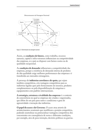 47
Comércio Exterior I
Unidade 2
Estratégia,
estrutura e
rivalidade das
empresas
Indústrias
Correlatas e
de Apoio
Condições de
Fatores
Apoio
Governo
Condições de
Demanda
Determinantes da Vantagem Nacional
Figura 2.1: Determinantes da vantagem nacional
Assim, as condições de fatores, como trabalho, recursos
naturais, capital e infra-estrutura inﬂuenciam na competitividade
das empresas, se o país as dispuser com baixos custos ou de
qualidade excepcional.
As condições de demanda inﬂuenciam a competitividade das
empresas, porque a existência de demanda interna de produtos
de alta qualidade exige melhores performances das empresas e é
transferida aos mercados estrangeiros.
A presença de indústrias correlatas e de apoio, que sejam
também competitivas, cria vantagens competitivas para as
indústrias ligadas quer pelo fornecimento de insumos, produtos
complementares ou pela disponibilização de máquinas e
equipamentos com padrões internacionais.
A estratégia, estrutura e rivalidade das empresas é o contexto
de concorrência no qual as empresas são criadas e organizadas,
que difere de um país para outro e condiciona o grau de
agressividade e inovação das indústrias.
O papel do acaso e do Governo. O acaso atua através de
acontecimentos ocasionais que modiﬁcam a posição competitiva,
podendo neutralizar ou potencializar vantagens competitivas dos
concorrentes em conseqüência de novas e diferentes condições,
por exemplo, atos de pura invenção, decisões políticas ou guerras.
comercio_exterior_I.indb 47comercio_exterior_I.indb 47 12/9/2007 10:09:1112/9/2007 10:09:11
 