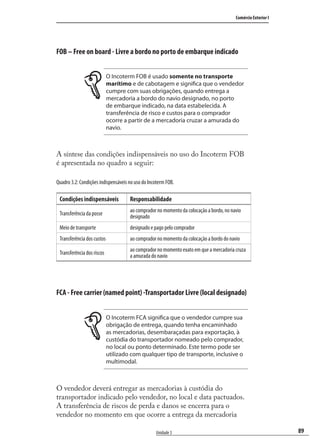 89
Comércio Exterior I
Unidade 3
FOB – Free on board - Livre a bordo no porto de embarque indicado
O Incoterm FOB é usado somente no transporte
marítimo e de cabotagem e significa que o vendedor
cumpre com suas obrigações, quando entrega a
mercadoria a bordo do navio designado, no porto
de embarque indicado, na data estabelecida. A
transferência de risco e custos para o comprador
ocorre a partir de a mercadoria cruzar a amurada do
navio.
A síntese das condições indispensáveis no uso do Incoterm FOB
é apresentada no quadro a seguir:
Quadro 3.2: Condições indispensáveis no uso do Incoterm FOB.
Condições indispensáveis Responsabilidade
Transferência da posse
ao comprador no momento da colocação a bordo, no navio
designado
Meio de transporte designado e pago pelo comprador
Transferência dos custos ao comprador no momento da colocação a bordo do navio
Transferência dos riscos
ao comprador no momento exato em que a mercadoria cruza
a amurada do navio
FCA - Free carrier (named point) -Transportador Livre (local designado)
O Incoterm FCA significa que o vendedor cumpre sua
obrigação de entrega, quando tenha encaminhado
as mercadorias, desembaraçadas para exportação, à
custódia do transportador nomeado pelo comprador,
no local ou ponto determinado. Este termo pode ser
utilizado com qualquer tipo de transporte, inclusive o
multimodal.
O vendedor deverá entregar as mercadorias à custódia do
transportador indicado pelo vendedor, no local e data pactuados.
A transferência de riscos de perda e danos se encerra para o
vendedor no momento em que ocorre a entrega da mercadoria
comercio_exterior_I.indb 89comercio_exterior_I.indb 89 12/9/2007 10:09:2212/9/2007 10:09:22
 