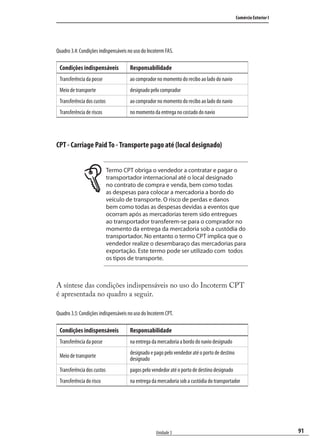 91
Comércio Exterior I
Unidade 3
Quadro 3.4: Condições indispensáveis no uso do Incoterm FAS.
Condições indispensáveis Responsabilidade
Transferência da posse ao comprador no momento do recibo ao lado do navio
Meio de transporte designado pelo comprador
Transferência dos custos ao comprador no momento do recibo ao lado do navio
Transferência de riscos no momento da entrega no costado do navio
CPT - Carriage Paid To - Transporte pago até (local designado)
Termo CPT obriga o vendedor a contratar e pagar o
transportador internacional até o local designado
no contrato de compra e venda, bem como todas
as despesas para colocar a mercadoria a bordo do
veículo de transporte. O risco de perdas e danos
bem como todas as despesas devidas a eventos que
ocorram após as mercadorias terem sido entregues
ao transportador transferem-se para o comprador no
momento da entrega da mercadoria sob a custódia do
transportador. No entanto o termo CPT implica que o
vendedor realize o desembaraço das mercadorias para
exportação. Este termo pode ser utilizado com todos
os tipos de transporte.
A síntese das condições indispensáveis no uso do Incoterm CPT
é apresentada no quadro a seguir.
Quadro 3.5: Condições indispensáveis no uso do Incoterm CPT.
Condições indispensáveis Responsabilidade
Transferência da posse na entrega da mercadoria a bordo do navio designado
Meio de transporte
designado e pago pelo vendedor até o porto de destino
designado
Transferência dos custos pagos pelo vendedor até o porto de destino designado
Transferência do risco na entrega da mercadoria sob a custódia do transportador
comercio_exterior_I.indb 91comercio_exterior_I.indb 91 12/9/2007 10:09:2212/9/2007 10:09:22
 
