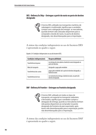 94
Universidade do Sul de Santa Catarina
DES - Delivery Ex Ship – Entregue a partir do navio no porto de destino
designado
O termo DES, utilizado nos transportes marítimo, de
cabotagem e multimodal, significa que o vendedor
cumpre com a obrigação de entregar as mercadorias,
quando tenham sido colocadas disponíveis para o
comprador a bordo do navio, no porto de destino
designado, não desembaraçadas para a importação.
A síntese das condições indispensáveis no uso do Incoterm DES
é apresentada no quadro a seguir.
Quadro 3.9: Condições indispensáveis no uso do Incoterm DES.
Condições indispensáveis Responsabilidade
Transferência da posse
na entrega da mercadoria a bordo do navio designado no
porto de destino
Meio de transporte designado e pago pelo vendedor
Transferência dos custos
pagos pelo vendedor até o porto de destino designado, a
bordo do navio
Transferência do risco
no momento da entrega a bordo do navio, no porto de
destino designado.
DAF - Delivery At Frontier – Entregue na fronteira designada
O termo DAF, utilizado em todos os tipos de
transporte, em especial no transporte rodoviário
e ferroviário, significa que o vendedor cumpre a
obrigação de entrega, quando as mercadorias tenham
sido postas disponíveis ao comprador no ponto
designado de fronteira do país exportador, após
terem sido desembaraçadas para a exportação, porém
não desembaraçadas para a importação.
A síntese das condições indispensáveis no uso do Incoterm DAF
é apresentada no quadro a seguir.
comercio_exterior_I.indb 94comercio_exterior_I.indb 94 12/9/2007 10:09:2312/9/2007 10:09:23
 
