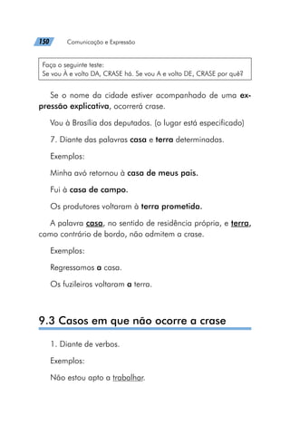 150   Comunicação e Expressão
Faça o seguinte teste:
Se vou À e volto DA, CRASE há. Se vou A e volto DE, CRASE por quê?
Se o nome da cidade estiver acompanhado de uma ex-
pressão explicativa, ocorrerá crase.
Vou à Brasília dos deputados. (o lugar está especificado)
7. Diante das palavras casa e terra determinadas.
Exemplos:
Minha avó retornou à casa de meus pais.
Fui à casa de campo.
Os produtores voltaram à terra prometida.
A palavra casa, no sentido de residência própria, e terra,
como contrário de bordo, não admitem a crase.
Exemplos:
Regressamos a casa.
Os fuzileiros voltaram a terra.
9.3 Casos em que não ocorre a crase
1. Diante de verbos.
Exemplos:
Não estou apto a trabalhar.
 