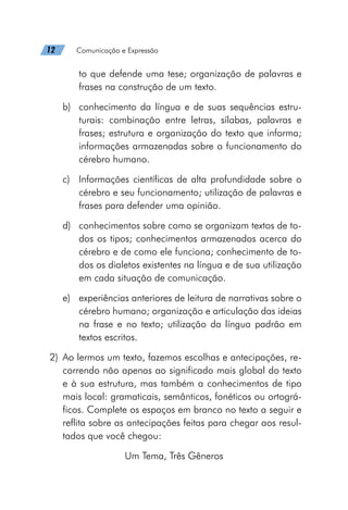 12   Comunicação e Expressão
to que defende uma tese; organização de palavras e
frases na construção de um texto.
b)	 conhecimento da língua e de suas sequências estru-
turais: combinação entre letras, sílabas, palavras e
frases; estrutura e organização do texto que informa;
informações armazenadas sobre o funcionamento do
cérebro humano.
c)	 Informações científicas de alta profundidade sobre o
cérebro e seu funcionamento; utilização de palavras e
frases para defender uma opinião.
d)	 conhecimentos sobre como se organizam textos de to-
dos os tipos; conhecimentos armazenados acerca do
cérebro e de como ele funciona; conhecimento de to-
dos os dialetos existentes na língua e de sua utilização
em cada situação de comunicação.
e)	 experiências anteriores de leitura de narrativas sobre o
cérebro humano; organização e articulação das ideias
na frase e no texto; utilização da língua padrão em
textos escritos.
	2)	 Ao lermos um texto, fazemos escolhas e antecipações, re-
correndo não apenas ao significado mais global do texto
e à sua estrutura, mas também a conhecimentos de tipo
mais local: gramaticais, semânticos, fonéticos ou ortográ-
ficos. Complete os espaços em branco no texto a seguir e
reflita sobre as antecipações feitas para chegar aos resul-
tados que você chegou:
Um Tema, Três Gêneros
 