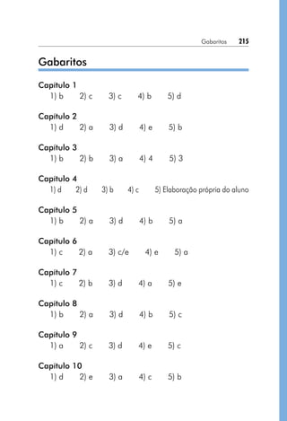 Gabaritos  215
Gabaritos
Capítulo 1
1) b  2) c  3) c  4) b  5) d
Capítulo 2
1) d  2) a  3) d  4) e  5) b
Capítulo 3
1) b  2) b  3) a  4) 4  5) 3
Capítulo 4
1) d   2) d   3) b   4) c   5) Elaboração própria do aluno
Capítulo 5
1) b  2) a  3) d  4) b  5) a
Capítulo 6
1) c  2) a  3) c/e  4) e  5) a
Capítulo 7
1) c  2) b  3) d  4) a  5) e
Capítulo 8
1) b  2) a  3) d  4) b  5) c
Capítulo 9
1) a  2) c  3) d  4) e  5) c
Capítulo 10
1) d  2) e  3) a  4) c  5) b
 