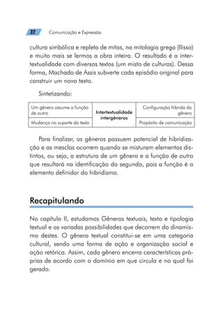 32   Comunicação e Expressão
cultura simbólica e repleta de mitos, na mitologia grega (Ilisso)
e muito mais se lermos a obra inteira. O resultado é a inter-
textualidade com diversos textos (um misto de culturas). Dessa
forma, Machado de Assis subverte cada episódio original para
construir um novo texto.
Sintetizando:
Um gênero assume a função
de outro Intertextualidade
intergêneros
Configuração híbrida do
gênero
Mudança no suporte do texto Propósito de comunicação
Para finalizar, os gêneros possuem potencial de hibridiza-
ção e as mesclas ocorrem quando se misturam elementos dis-
tintos, ou seja, a estrutura de um gênero e a função de outro
que resultará na identificação do segundo, pois a função é o
elemento definidor do hibridismo.
Recapitulando
No capítulo II, estudamos Gêneros textuais, texto e tipologia
textual e as variadas possibilidades que decorrem do dinamis-
mo destes. O gênero textual constitui-se em uma categoria
cultural, sendo uma forma de ação e organização social e
ação retórica. Assim, cada gênero encerra características pró-
prias de acordo com o domínio em que circula e no qual foi
gerado.
 
