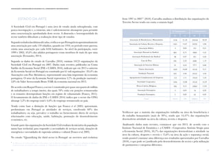 27
I. AS ORGANIZAÇÕES DA SOCIEDADE CIVIL EM PORTUGALComunicação e Organizações da Sociedade Civil: conhecimento e reconhecimento
26
Estado da Arte
A Sociedade Civil em Portugal é uma área de estudo ainda subexplorada, com
pouca investigação e, a existente, não é suficientemente abrangente para permitir
uma caracterização aprofundada deste sector. A dimensão e heterogeneidade do
sector também dificultam a realização deste tipo de estudos.
Segundoosdadosdasúltimasdécadas,verifica-sequePortugaltemaproximadamente
uma associação por cada 159 cidadãos, quando em 1934, no período entre guerras,
existia uma associação por cada 6436 habitantes. Ao nível da participação, entre
1999 e 2002, 43,6% dos adultos portugueses eram membros de mais do que uma
associação (Fernandes, 2014).
Segundo os dados do estudo de Carvalho (2010), existiam 10123 organizações da
Sociedade Civil em Portugal em 2007. Dados mais recentes, publicados na Conta
Satélite da Economia Social (INE e CASES, 2016), indicam que em 2013 o universo
da Economia Social em Portugal era constituído por 61 mil organizações4
(93,4% são
Associações com Fins Altruísticos), representando uma fatia importante da economia
portuguesa. O setor da Economia Social representou 2,7% da produção nacional e
2,8% do Valor Acrescentado Bruto (VAB) da economia nacional em 2013.
DeacordocomRaquelFranco,osectoréconstituídoporquaseumquartodemilhão
de trabalhadores a tempo inteiro, dos quais 70% estão em posições remuneradas
e os restantes desempenham funções em regime de voluntariado (Franco, 2015).
O levantamento de dados do INE e CASES (2016) indica que o sector das ONG
abrange 5,2% do emprego total e 6,0% do emprego remunerado no país.
Tendo como base a distinção de funções que Franco et al (2005) apresentam,
predominam em Portugal as atividades de serviços, envolvendo 60% dos
trabalhadores; ou seja, prevalece o trabalho no fornecimento direto de serviços
relacionados com educação, saúde, habitação, promoção do desenvolvimento
económico, etc.
Grande parte das organizações da Sociedade Civil resultam da iniciativa da população
numa base territorial, para responder a necessidades de serviços sociais, situações de
emergência e necessidades de expressão artística e cultural (Franco et al, 2005).
No estudo “Quantifying the third sector in Portugal: an overview and evolution
4
	 As diferenças de valores podem estar relacionadas com os diferentes universos estudados e pela utilização de diferentes
parâmetros pelos investigadores para a definição de “Organizações da Sociedade Civil” e “Economia Social”.
from 1997 to 2007” (2010), Carvalho analisou a distribuição das organizações do
Terceiro Sector tendo em conta o estatuto legal.
Enquadramento
Nº Organizações
Nº
Associação de Beneficência e Humanitária
Adaptado de Carvalho (2010)
Nº Colaboradores
% Nº %
Associação de Cultura, Recreio e Desporto
Associação Política
Associação Patronal ou Sindical
Associação Profissional não Sindical
Casa do Povo
Associação de Socorros Mútuos
Outras Associações
Fundação Nacional
Agrupamento Complementar de Empresas
Sociedade Cooperativa
Pessoa Coletiva Religiosa
Associação Estrangeira
Fundação Estrangeira
Total
3156
1465
4
884
98
236
55
1629
249
112
1304
926
3
2
10123
31,18
14,47
0,04
1,11
16,09
0,54
2,46
12,88
9,15
0,03
0,02
100
2,33
0,97
8,73
103556
10359
431
9069
951
2486
1371
19142
19142
19142
19142
23067
34
63
208821
49,59
4,96
0,21
1,54
9,17
0,66
4,56
12,23
11,05
0,02
0,03
100
1,19
0,46
4,34
Verifica-se que a maioria das organizações trabalha na área da beneficência e
do trabalho humanitário (mais de 30%), sendo que 14,47% das organizações
desenvolvem atividade na área da cultura, recreio e desporto.
Analisando dados mais recentes, constata-se que em 2013, de acordo com o
Instituto Nacional de Estatística e a CASES - Cooperativa António Sérgio para
a Economia Social (2016), 50,7% das organizações desenvolviam a atividade na
área da cultura, desporto e recreio e 15,6% na área da ação e segurança social,
sendo possível constatar uma diferença nos resultados apresentados por Carvalho
(2010), o que pode ser justificado pelo desenvolvimento do sector e pela utilização
de parâmetros e categorias diferentes.
 