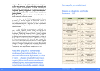 categorias diferentes ou não, próximas, justapostas ou sobrepostas,
     e outras áreas protegidas públicas ou privadas, constituindo um
                                                                                 bem avançados para reconhecimento.
     mosaico, a gestão do conjunto deverá ser feita de forma integrada
     e participativa, considerando-se os seus distintos objetivos de
     conservação, de forma a compatibilizar a presença da biodiversidade,
     a valorização da sociodiversidade e o desenvolvimento sustentável no
                                                                                Mosaicos da mata atlântica reconhecidos
     contexto regional.                                                         formalmente - 2012
     Parágrafo único. O regulamento desta Lei disporá sobre a forma de
     gestão integrada do conjunto das unidades.”
                                                                                                    Mosaicos                       Estado Bioma                  Observação
     	         Em 2002 a Lei do SNUC foi regulamentada pelo Decreto
                                                                                  Mosaico de Unidades de Conservação do Litoral             Mata        Portaria MMA nº 150, de 8 de maio
     nº 4.340, de 22 de agosto, que trata dos “Mosaicos de Unidades de             Sul do Estado de São Paulo e Litoral Norte do   SP PR   Atlântica   de 2006/ proposta de readequação em
     Conservação” em seu capitulo III, o que representa um avanço, mas                 Estado do Paraná – Mosaico Lagamar                                           2009-2012

     que contém falhas conceituais e operacionais que estão a pedir urgente       Mosaico de Unidades de Conservação da região              Mata          Portaria MMA nº 349, de 11 de
                                                                                              da Serra da Bocaina -                SP RJ   Atlântica            dezembro de 2006
     revisão, com vistas ao adequado uso deste instrumento de gestão em toda                    Mosaico Bocaina
     sua potencialidade.
                                                                                  Mosaico de Unidades de Conservação da Mata                Mata
                                                                                         Atlântica Central Fluminense               RJ     Atlântica   Portaria MMA nº 350, de dezembro
                                                                                   Mosaico Mata Atlântica Central Fluminense                                       de 2006
     	         A partir de 2004, já em consonância com o estabelecido pelo
     SNUC, surgiram as primeiras iniciativas visando à criação de Mosaicos        Mosaico de Unidades de Conservação da Região
                                                                                            da Serra da Mantiqueira -              MG SP    Mata          Portaria MMA nº 351, de 11 de
     de Áreas Protegidas, destacando-se a criação do Programa de Mosaicos                     Mosaico Mantiqueira                   RJ     Atlântica            dezembro de 2006
     e Corredores Ecológicos da RBMA e em especial o Projeto de Apoio à
     criação dos Mosaicos de Unidades de Conservação do Corredor da Serra            Mosaico de Unidades de Conservação da                  Mata         Lei Estadual nº 12.406, de 12 de
                                                                                                 Juréia-Itatins                     SP     Atlântica     dezembro de 2006 - em fase de
     do Mar, que contou com a parceria de diversas instituições e recursos do                                                                                        revisão
     Fundo de Parceria para Ecossistemas Críticos – CEPF (iniciativa conjunta     Mosaico de Unidades de Conservação - Mosaico              Mata       Decreto Estadual nº 44.518 em 16 de
     da Conservação Internacional, GEF, Governo do Japão, Fundação Mac                        da Serra de São José                  MG     Atlântica              maio de 2007

     Arthur e Banco Mundial). Neste momento, destacam-se também no Brasil            Mosaico de Unidades de Conservação do                  Mata         Lei Estadual nº 12.810, de 21 de
                                                                                                  Jacupiranga                       SP     Atlântica            fevereiro de 2008
     importantes propostas de criação de mosaicos em outras regiões da Mata
     Atlântica e da Amazônia e o edital do Fundo Nacional de Meio Ambiente        Mosaico das Ilhas e Áreas Marinhas Protegidas             Mata       Decreto Estadual nº 53.528 de 08 de
                                                                                                do Litoral Paulista                 SP     Atlântica            outubro de 2008
     para “Mosaicos de Áreas Protegidas: Uma Estratégia de Desenvolvimento
                                                                                  Mosaico de Unidades de Conservação da Serra               Mata         Lei Estadual nº 14.661, de 26 de
     Territorial com Base Conservacionista” - Edital FNMA 01/2005.                    do Tabuleiro e Terras de Massiambu            SC     Atlântica             março de 2009

                                                                                   Mosaico de Unidades de Conservação Sertão               Cerrado     Portaria MMA n°128, de 24 de abril
                                                                                   Veredas – Peruaçu - Mosaico Grande Sertão       MG BA    / Mata                 de 2009

     Neste último quinquênio os avanços no trato                                                Veredas-Peruaçu

                                                                                                Mosaico Carioca
                                                                                                                                           Atlântica

                                                                                                                                            Mata       Portaria MMA nº 245 de 11 de julho

     dos Mosaicos foram muito significativos: foram                                       Mosaico Extremo Sul da Bahia
                                                                                                                                    RJ     Atlântica

                                                                                                                                            Mata
                                                                                                                                                                   de 2011

                                                                                                                                                          Portaria MMA nº 492 de 17 de

     reconhecidos formalmente 16 (dezesseis) Mosaicos                                                                               BA     Atlântica            dezembro de 2010



     (Federais e Estaduais) em vários biomas e regiões
                                                                                                                                            Mata          Portaria MMA nº 481 de 14 de
                                                                                          Mosaico Mico-Leão-Dourado                 RJ     Atlântica            dezembro de 2010


     do país e já foram identificadas aproximadamente
                                                                                                                                            Mata          Portaria MMA nº 489 de 17 de
                                                                                           Mosaico da Foz do Rio Doce               ES     Atlântica            dezembro de 2010


     cerca de 30 (trinta) propostas de novos mosaicos                               Mosaico dos Manguezais da Baia de Vitória       ES
                                                                                                                                            Mata
                                                                                                                                           Atlântica
                                                                                                                                                        Decreto Estadual nº 2625-R – 23 de
                                                                                                                                                                novembro de 2010


     que vêm sendo desenvolvidas, várias em estágios
42                                                                              CONSER V A ÇÃ O D A NATU R EZ A                                                                              43
 