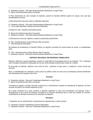 Contabilidade Empresarial ©

D - Depósitos Judiciais – ISS sobre Subempreitadas (Realizável a Longo Prazo)
C - Banco Conta Movimento (Ativo Circulante)

3) Pelo recebimento do valor corrigido do depósito, quando da decisão definitiva (ganho de causa), sem que haja
possibilidade de recurso:

a) Reconhecimento dos juros sobre os depósitos efetuados:

D - Depósitos Judiciais – ISS sobre Subempreitadas (Realizável a Longo Prazo)
C – Juros sobre Depósitos Judiciais (Conta de Resultado)

b) Saque do valor, mediante autorização judicial:

D - Banco Conta Movimento (Ativo Circulante)
C - Depósitos Judiciais – ISS sobre Subempreitadas (Realizável a Longo Prazo)

c) Pela baixa da conta que registrou o passivo questionado judicialmente:

D - ISS – Questionamento Judicial (Passivo Não Circulante)
C – ISS Recuperado (Resultado)

Na hipótese de transferência à Fazenda Pública, do depósito convertido em renda (perda da causa), a contabilização
seria:

D – ISS – Questionamento Judicial (Passivo Não Circulante)
C - Depósitos Judiciais – ISS sobre Subempreitadas (Realizável a Longo Prazo)

                               DEPÓSITO RECURSAL EM PROCESSO TRABALHISTA

Depósito, referente a causas trabalhistas, previsto no artigo 899 da Consolidação das Leis do Trabalho - CLT, é efetuado
como condição necessária à interposição de recurso contra decisão proferida pela Justiça do Trabalho.

Na execução do depósito, debita-se uma conta do ativo - realizável a longo prazo, e credita-se a conta oriunda dos
recursos.

Nota: a contabilização em realizável a longo prazo se justifica, tendo em vista que as pendengas judiciais trabalhistas
são habitualmente de solução muito lenta.

                                                       Exemplo:

D - Depósitos Judiciais – Recursos Trabalhistas (Realizável a Longo Prazo)
C - Banco Conta Movimento (Ativo Circulante)

Transitada em julgado a decisão recorrida, ordenar-se-á o levantamento imediato da importância do depósito, em favor
da parte vencedora, por simples despacho do juiz.

Se a parte vencedora for a parte contrária, o depósito registrado no ativo será considerado uma despesa. Caso o
levantamento se der a favor da empresa, transfere-se os recursos levantados para a conta que receber os recursos,
contabilizando-se também eventuais juros acrescidos ao depósito.

                                                      Exemplos:

1. Despacho do juiz, determinando o levantamento do depósito para a parte contrária:

D – Sentenças Judiciais Trabalhistas (Conta de Resultado)
C - Depósitos Judiciais – Recursos Trabalhistas (Realizável a Longo Prazo)


                                                                                                                    119
 