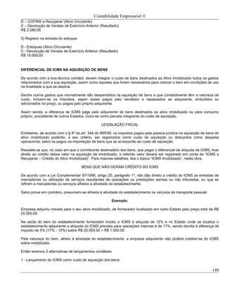 Contabilidade Empresarial ©
D – COFINS a Recuperar (Ativo Circulante)
C – Devolução de Vendas de Exercício Anterior (Resultado)
R$ 2.280,00

5) Registro na entrada do estoque:

D - Estoques (Ativo Circulante)
C - Devolução de Vendas de Exercício Anterior (Resultado)
R$ 18.000,00


DIFERENCIAL DE ICMS NA AQUISIÇÃO DE BENS

De acordo com a boa técnica contábil, devem integrar o custo de bens destinados ao Ativo Imobilizado todos os gastos
relacionados com a sua aquisição, assim como aqueles que forem necessários para colocar o bem em condições de uso
na finalidade a que se destina.

Dentre outros gastos que normalmente são despendidos na aquisição de bens e que contabilmente têm a natureza de
custo, incluem-se os impostos, sejam esses pagos pelo vendedor e repassados ao adquirente, embutidos ou
adicionados no preço, ou pagos pelo próprio adquirente.

Assim sendo, a diferença de ICMS paga pelo adquirente de bens destinados ao ativo imobilizado ou para consumo
próprio, procedente de outros Estados, inclui-se como parcela integrante do custo de aquisição.

                                                LEGISLAÇÃO FISCAL

Entretanto, de acordo com o § 4º do art. 344 do RIR/99, os impostos pagos pela pessoa jurídica na aquisição de bens do
ativo imobilizado poderão, a seu critério, ser registrados como custo de aquisição ou deduzidos como despesa
operacional, salvo os pagos na importação de bens que se acrescerão ao custo de aquisição.

Ressalte-se que, no caso em que o contribuinte destinatário dos bens, que pagar o diferencial de alíquota de ICMS, tiver
direito ao crédito desse valor na aquisição de imobilizado, o referido valor deverá ser registrado em conta de “ICMS a
Recuperar – Crédito do Ativo Imobilizado”. Para maiores detalhes, leia o tópico “ICMS Imobilizado”, nesta obra.

                                     BENS QUE NÃO GERAM CRÉDITO DO ICMS

De acordo com a Lei Complementar 87/1996, artigo 20, parágrafo 1º, não dão direito a crédito do ICMS as entradas de
mercadorias ou utilização de serviços resultantes de operações ou prestações isentas ou não tributadas, ou que se
refiram a mercadorias ou serviços alheios à atividade do estabelecimento.

Salvo prova em contrário, presumem-se alheios à atividade do estabelecimento os veículos de transporte pessoal.

                                                       Exemplo:

Empresa adquiriu móveis para o seu ativo imobilizado, de fornecedor localizado em outro Estado pelo preço total de R$
20.000,00.

Na saída do bem do estabelecimento fornecedor incidiu o ICMS à alíquota de 12% e no Estado onde se localiza o
estabelecimento adquirente a alíquota do ICMS prevista para operações internas é de 17%, sendo devida à diferença de
imposto de 5% (17% - 12%) sobre R$ 20.000,00 = R$ 1.000,00.

Pela natureza do bem, alheio à atividade do estabelecimento, a empresa adquirente não poderá creditar-se do ICMS
sobre imobilizado.

Então teremos 2 alternativas de lançamentos contábeis:

1 - Lançamento do ICMS como custo de aquisição dos bens:

                                                                                                                    148
 