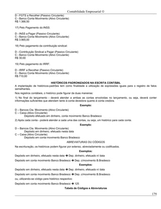 Contabilidade Empresarial ©
D - FGTS a Recolher (Passivo Circulante)
C - Banco Conta Movimento (Ativo Circulante)
R$ 1.366,50

17) Pelo Pagamento do INSS:

D - INSS a Pagar (Passivo Circulante)
C - Banco Conta Movimento (Ativo Circulante)
R$ 3.965,00

18) Pelo pagamento da contribuição sindical:

D - Contribuição Sindical a Pagar (Passivo Circulante)
C - Banco Conta Movimento (Ativo Circulante)
R$ 30,00

19) Pelo pagamento do IRRF:

D - IRRF a Recolher (Passivo Circulante)
C - Banco Conta Movimento (Ativo Circulante)
R$ 710,00

                             HISTÓRICOS PADRONIZADOS NA ESCRITA CONTÁBIL
A implantação de históricos-padrões tem como finalidade a utilização de expressões iguais para o registro de fatos
semelhantes.
Nos registros contábeis, o histórico pode figurar de duas maneiras:
1) No final do lançamento - deverá atender a ambas as contas envolvidas no lançamento, ou seja, deverá conter
informações suficientes que atendam tanto à conta devedora quanto à conta credora.
                                                         Exemplo:
D – Bancos Cta. Movimento (Ativo Circulante)
C – Caixa (Ativo Circulante)
       Depósito efetuado em dinheiro, conta movimento Banco Bradesco
2) Após cada conta - poderá atender a cada uma das contas, ou seja, um histórico para cada conta.
                                                         Exemplo:
D – Bancos Cta. Movimento (Ativo Circulante)
       Depósito em dinheiro, efetuado nesta data
C – Caixa (Ativo Circulante)
       Depósito em conta movimento Banco Bradesco
                                             ABREVIATURAS OU CÓDIGOS
Na escrituração, os históricos podem figurar por extenso, abreviadamente ou codificados.
                                                         Exemplos:
Depósito em dinheiro, efetuado nesta data  Dep. dinheiro, efetuado n/ data
Depósito em conta movimento Banco Bradesco  Dep. c/movimento B.Bradesco
                                                         Exemplos:
Depósito em dinheiro, efetuado nesta data  Dep. dinheiro, efetuado n/ data
Depósito em conta movimento Banco Bradesco  Dep. c/movimento B.Bradesco
ou, utilizando-se código para histórico respectivo:
Depósito em conta movimento Banco Bradesco  125
                                           Tabela de Códigos e Abreviaturas

                                                                                                              179
 
