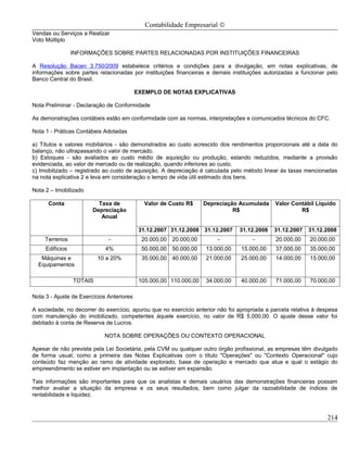 Contabilidade Empresarial ©
Vendas ou Serviços a Realizar
Voto Múltiplo

                 INFORMAÇÕES SOBRE PARTES RELACIONADAS POR INSTITUIÇÕES FINANCEIRAS

A Resolução Bacen 3.750/2009 estabelece critérios e condições para a divulgação, em notas explicativas, de
informações sobre partes relacionadas por instituições financeiras e demais instituições autorizadas a funcionar pelo
Banco Central do Brasil.

                                           EXEMPLO DE NOTAS EXPLICATIVAS

Nota Preliminar - Declaração de Conformidade

As demonstrações contábeis estão em conformidade com as normas, interpretações e comunicados técnicos do CFC.

Nota 1 - Práticas Contábeis Adotadas

a) Títulos e valores mobiliários - são demonstrados ao custo acrescido dos rendimentos proporcionais até a data do
balanço, não ultrapassando o valor de mercado.
b) Estoques - são avaliados ao custo médio de aquisição ou produção, estando reduzidos, mediante a provisão
evidenciada, ao valor de mercado ou de realização, quando inferiores ao custo.
c) Imobilizado – registrado ao custo de aquisição. A depreciação é calculada pelo método linear às taxas mencionadas
na nota explicativa 2 e leva em consideração o tempo de vida útil estimado dos bens.

Nota 2 – Imobilizado

      Conta               Taxa de             Valor de Custo R$     Depreciação Acumulada     Valor Contábil Líquido
                        Depreciação                                           R$                       R$
                           Anual

                                            31.12.2007 31.12.2008 31.12.2007    31.12.2008    31.12.2007   31.12.2008
     Terrenos                 -              20.000,00 20.000,00        -            -        20.000,00     20.000,00
     Edifícios               4%              50.000,00 50.000,00    13.000,00    15.000,00    37.000,00     35.000,00
   Máquinas e             10 a 20%           35.000,00 40.000,00    21.000,00    25.000,00    14.000,00     15.000,00
  Equipamentos

                 TOTAIS                     105.000,00 110.000,00   34.000,00    40.000,00    71.000,00     70.000,00

Nota 3 - Ajuste de Exercícios Anteriores

A sociedade, no decorrer do exercício, apurou que no exercício anterior não foi apropriada a parcela relativa à despesa
com manutenção do imobilizado, competentes àquele exercício, no valor de R$ 5.000,00. O ajuste desse valor foi
debitado à conta de Reserva de Lucros.

                            NOTA SOBRE OPERAÇÕES OU CONTEXTO OPERACIONAL

Apesar de não prevista pela Lei Societária, pela CVM ou qualquer outro órgão profissional, as empresas têm divulgado
de forma usual, como a primeira das Notas Explicativas com o título "Operações" ou "Contexto Operacional" cujo
conteúdo faz menção ao ramo de atividade explorado, base de operação e mercado que atua e qual o estágio do
empreendimento se estiver em implantação ou se estiver em expansão.

Tais informações são importantes para que os analistas e demais usuários das demonstrações financeiras possam
melhor avaliar a situação da empresa e os seus resultados, bem como julgar da razoabilidade de índices de
rentabilidade e liquidez.



                                                                                                                   214
 