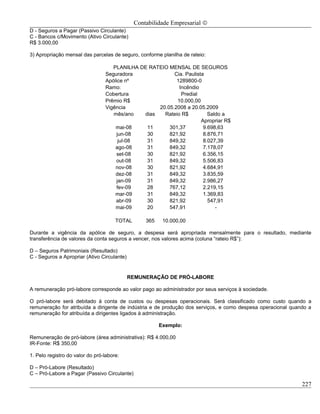 Contabilidade Empresarial ©
D - Seguros a Pagar (Passivo Circulante)
C - Bancos c/Movimento (Ativo Circulante)
R$ 3.000,00

3) Apropriação mensal das parcelas de seguro, conforme planilha de rateio:

                                    PLANILHA DE RATEIO MENSAL DE SEGUROS
                                 Seguradora              Cia. Paulista
                                 Apólice nº               1289800-0
                                 Ramo:                     Incêndio
                                 Cobertura                  Predial
                                 Prêmio R$                10.000,00
                                 Vigência          20.05.2008 a 20.05.2009
                                    mês/ano   dias   Rateio R$          Saldo a
                                                                     Apropriar R$
                                     mai-08    11      301,37         9.698,63
                                     jun-08    30      821,92         8.876,71
                                      jul-08   31      849,32         8.027,39
                                     ago-08    31      849,32         7.178,07
                                     set-08    30      821,92         6.356,15
                                     out-08    31      849,32         5.506,83
                                     nov-08    30      821,92         4.684,91
                                     dez-08    31      849,32         3.835,59
                                     jan-09    31      849,32         2.986,27
                                     fev-09    28      767,12         2.219,15
                                     mar-09    31      849,32         1.369,83
                                     abr-09    30      821,92           547,91
                                     mai-09    20      547,91              -

                                      TOTAL       365    10.000,00

Durante a vigência da apólice de seguro, a despesa será apropriada mensalmente para o resultado, mediante
transferência de valores da conta seguros a vencer, nos valores acima (coluna “rateio R$”):

D – Seguros Patrimoniais (Resultado)
C - Seguros a Apropriar (Ativo Circulante)


                                             REMUNERAÇÃO DE PRÓ-LABORE

A remuneração pró-labore corresponde ao valor pago ao administrador por seus serviços à sociedade.

O pró-labore será debitado à conta de custos ou despesas operacionais. Será classificado como custo quando a
remuneração for atribuída a dirigente de indústria e de produção dos serviços, e como despesa operacional quando a
remuneração for atribuída a dirigentes ligados à administração.

                                                        Exemplo:

Remuneração de pró-labore (área administrativa): R$ 4.000,00
IR-Fonte: R$ 350,00

1. Pelo registro do valor do pró-labore:

D – Pró-Labore (Resultado)
C – Pró-Labore a Pagar (Passivo Circulante)

                                                                                                              227
 