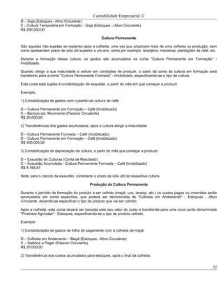Contabilidade Empresarial ©
D – Soja (Estoques –Ativo Circulante)
C - Cultura Temporária em Formação – Soja (Estoques – Ativo Circulante)
R$ 290.000,00

                                                  Cultura Permanente

São aquelas não sujeitas ao replantio após a colheita, uma vez que propiciam mais de uma colheita ou produção, bem
como apresentam prazo de vida útil superior a um ano, como por exemplo: laranjeira, macieiras, plantações de café, etc.

Durante a formação dessa cultura, os gastos são acumulados na conta "Cultura Permanente em Formação" -
Imobilizado.

Quando atingir a sua maturidade e estiver em condições de produzir, o saldo da conta da cultura em formação será
transferido para a conta "Cultura Permanente Formada" - Imobilizado, especificando-se o tipo de cultura.

Esta conta está sujeita à contabilização de exaustão, a partir do mês em que começar a produzir.

Exemplo:

1) Contabilização de gastos com o plantio de cultura de café:

D – Cultura Permanente em Formação – Café (Imobilizado)
C – Bancos cta. Movimento (Passivo Circulante)
R$ 20.000,00

2) Transferências dos gastos acumulados, após a cultura atingir a maturidade:

D – Cultura Permanente Formada – Café (Imobilizado)
D – Cultura Permanente em Formação – Café (Imobilizado)
R$ 500.000,00

3) Contabilização da depreciação da cultura, a partir do mês que começar a produzir:

D – Exaustão de Culturas (Conta de Resultado)
C – Exaustão Acumulada - Cultura Permanente Formada – Café (Imobilizado)
R$ 4.166,67

Nota: para o cálculo da exaustão, considerar o prazo de vida útil da respectiva cultura.

                                           Produção da Cultura Permanente

Durante o período de formação do produto a ser colhido (maçã, uva, laranja, etc.) os custos pagos ou incorridos serão
acumulados em conta específica, que poderá ser denominada de "Colheita em Andamento" - Estoques - Ativo
Circulante, devendo-se especificar o tipo de produto que vai ser colhido.

Após a colheita, esta conta deverá ser baixada pelo seu valor de custo e transferida para uma nova conta denominada
"Produtos Agrícolas" - Estoques, especificando-se o tipo de produto colhido.

Exemplo:

1) Contabilização de gastos de folha de pagamento com a colheita de maçã:

D – Colheita em Andamento – Maçã (Estoques –Ativo Circulante)
C – Salários a Pagar (Passivo Circulante)
R$ 20.000,00

2) Transferência dos custos acumulados para estoques, após o final da colheita:


                                                                                                                    32
 