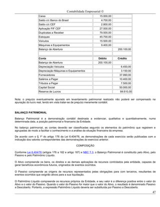 Contabilidade Empresarial ©
                    Caixa                                              15.000,00
                    Saldo c/c Banco do Brasil                           4.700,00
                    Saldo c/c CEF                                       2.800,00
                    Aplicação FIF CEF                                  27.500,00
                    Duplicatas a Receber                               79.500,00
                    Estoques                                           45.700,00
                    Veículos                                           15.500,00
                    Máquinas e Equipamentos                             9.400,00
                    Balanço de Abertura                                               200.100,00


                    Conta                                             Débito          Crédito
                    Balanço de Abertura                              200.100,00
                    Depreciação Veículos                                                6.450,00
                    Depreciação Máquinas e Equipamentos                                 3.150,00
                    Fornecedores                                                       37.990,00
                    Salários a Pagar                                                   10.400,00
                    Tributos a Pagar                                                    7.500,00
                    Capital Social                                                     50.000,00
                    Reserva de Lucros                                                   84.610,00

Nota: o prejuízo eventualmente apurado em levantamento patrimonial realizado não poderá ser compensado na
apuração do lucro real, tendo em vista tratar-se de prejuízo meramente contábil.


BALANÇO PATRIMONIAL

Balanço Patrimonial é a demonstração contábil destinada a evidenciar, qualitativa e quantitativamente, numa
determinada data, a posição patrimonial e financeira da Entidade.

No balanço patrimonial, as contas deverão ser classificadas segundo os elementos do patrimônio que registrem e
agrupadas de modo a facilitar o conhecimento e a análise da situação financeira da empresa.

De acordo com o § 1º do artigo 176 da Lei 6.404/76, as demonstrações de cada exercício serão publicadas com a
indicação dos valores correspondentes das demonstrações do exercício anterior.

                                                   COMPOSIÇÃO

Conforme Lei 6.404/76 (artigos 176 a 182 e artigo 187) e NBC T.3, o Balanço Patrimonial é constituído pelo Ativo, pelo
Passivo e pelo Patrimônio Líquido.

O Ativo compreende os bens, os direitos e as demais aplicações de recursos controlados pela entidade, capazes de
gerar benefícios econômicos futuros, originados de eventos ocorridos.

O Passivo compreende as origens de recursos representados pelas obrigações para com terceiros, resultantes de
eventos ocorridos que exigirão ativos para a sua liquidação.

O Patrimônio Líquido compreende os recursos próprios da Entidade, e seu valor é a diferença positiva entre o valor do
Ativo e o valor do Passivo. Quando o valor do Passivo for maior que o valor do Ativo, o resultado é denominado Passivo
a Descoberto. Portanto, a expressão Patrimônio Líquido deveria ser substituída por Passivo a Descoberto.
                                                                                                                   47
 