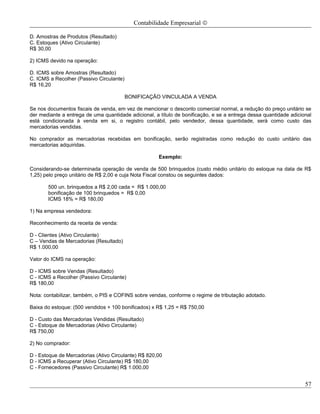 Contabilidade Empresarial ©

D. Amostras de Produtos (Resultado)
C. Estoques (Ativo Circulante)
R$ 30,00

2) ICMS devido na operação:

D. ICMS sobre Amostras (Resultado)
C. ICMS a Recolher (Passivo Circulante)
R$ 16,20

                                          BONIFICAÇÃO VINCULADA A VENDA

Se nos documentos fiscais de venda, em vez de mencionar o desconto comercial normal, a redução do preço unitário se
der mediante a entrega de uma quantidade adicional, a título de bonificação, e se a entrega dessa quantidade adicional
está condicionada à venda em si, o registro contábil, pelo vendedor, dessa quantidade, será como custo das
mercadorias vendidas.

No comprador as mercadorias recebidas em bonificação, serão registradas como redução do custo unitário das
mercadorias adquiridas.

                                                      Exemplo:

Considerando-se determinada operação de venda de 500 brinquedos (custo médio unitário do estoque na data de R$
1,25) pelo preço unitário de R$ 2,00 e cuja Nota Fiscal constou os seguintes dados:

       500 un. brinquedos a R$ 2,00 cada = R$ 1.000,00
       bonificação de 100 brinquedos = R$ 0,00
       ICMS 18% = R$ 180,00

1) Na empresa vendedora:

Reconhecimento da receita de venda:

D - Clientes (Ativo Circulante)
C – Vendas de Mercadorias (Resultado)
R$ 1.000,00

Valor do ICMS na operação:

D - ICMS sobre Vendas (Resultado)
C - ICMS a Recolher (Passivo Circulante)
R$ 180,00

Nota: contabilizar, também, o PIS e COFINS sobre vendas, conforme o regime de tributação adotado.

Baixa do estoque: (500 vendidos + 100 bonificados) x R$ 1,25 = R$ 750,00

D - Custo das Mercadorias Vendidas (Resultado)
C - Estoque de Mercadorias (Ativo Circulante)
R$ 750,00

2) No comprador:

D - Estoque de Mercadorias (Ativo Circulante) R$ 820,00
D - ICMS a Recuperar (Ativo Circulante) R$ 180,00
C - Fornecedores (Passivo Circulante) R$ 1.000,00


                                                                                                                   57
 