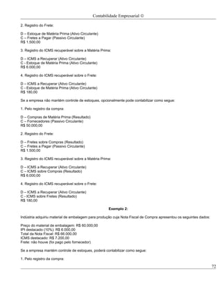 Contabilidade Empresarial ©

2. Registro do Frete:

D – Estoque de Matéria Prima (Ativo Circulante)
C – Fretes a Pagar (Passivo Circulante)
R$ 1.500,00

3. Registro do ICMS recuperável sobre a Matéria Prima:

D – ICMS a Recuperar (Ativo Circulante)
C - Estoque de Matéria Prima (Ativo Circulante)
R$ 6.000,00

4. Registro do ICMS recuperável sobre o Frete:

D – ICMS a Recuperar (Ativo Circulante)
C - Estoque de Matéria Prima (Ativo Circulante)
R$ 180,00

Se a empresa não mantém controle de estoques, opcionalmente pode contabilizar como segue:

1. Pelo registro da compra:

D – Compras de Matéria Prima (Resultado)
C – Fornecedores (Passivo Circulante)
R$ 50.000,00

2. Registro do Frete:

D – Fretes sobre Compras (Resultado)
C – Fretes a Pagar (Passivo Circulante)
R$ 1.500,00

3. Registro do ICMS recuperável sobre a Matéria Prima:

D – ICMS a Recuperar (Ativo Circulante)
C – ICMS sobre Compras (Resultado)
R$ 6.000,00

4. Registro do ICMS recuperável sobre o Frete:

D – ICMS a Recuperar (Ativo Circulante)
C - ICMS sobre Fretes (Resultado)
R$ 180,00

                                                    Exemplo 2:

Indústria adquiriu material de embalagem para produção cuja Nota Fiscal de Compra apresentou os seguintes dados:

Preço do material de embalagem: R$ 60.000,00
IPI destacado (10%): R$ 6.000,00
Total da Nota Fiscal: R$ 66.000,00
ICMS destacado: R$ 7.200,00
Frete: não houve (foi pago pelo fornecedor)

Se a empresa mantém controle de estoques, poderá contabilizar como segue:

1. Pelo registro da compra:

                                                                                                                   72
 