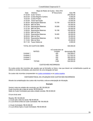 Contabilidade Empresarial ©

                                          Mapa de Rateio de Custos - Obra XYZ
                        Data      Histórico                   Nº Documento               Valor R$
                      01.03.04    Custo Terreno                                        200.000,00
                      04.03.04    Custas Registro Cartório                               5.000,00
                      10.03.04    Custas Projeto                                        15.000,00
                      31.03.04    Taxas Aprovação                                       10.000,00
                      01.06.04    Requisições Materiais           15.104               125.000,00
                      30.06.04    Mão de Obra                                           45.000,00
                      01.07.04    Requisições Materiais           16.009               110.000,00
                      31.07.04    Mão de Obra                                           50.000,00
                      14.08.04    Requisições Materiais           16.199               100.000,00
                      31.08.04    Mão de Obra                                           45.000,00
                      31.08.04    Requisições Materiais           16.405                90.000,00
                      30.09.04    Mão de Obra                                           35.000,00
                      30.09.04    Requisições Materiais           16.700                75.000,00
                      31.10.04    Mão de Obra                                           25.000,00
                      05.11.04    Taxas Habite-se                                        4.000,00

                      TOTAL DO CUSTO DA OBRA                                           934.000,00

                                                              m2 construídos da
                                     RATEIO:                      Unidade       Apropriação R$
                      Unidade 1                                     400             249.066,67
                      Unidade 2                                     350             217.933,33
                      Unidade 3                                     450             280.200,00
                      Unidade 4                                     300             186.800,00
                                     TOTAIS                        1.500            934.000,00

                                              CUSTOS NÃO INCORRIDOS

Os custos ainda não incorridos são aqueles que se formarão no futuro, mas que devem ser contabilizados quando se
referem à vendas contratadas, pois decorrem de uma obrigação de fazer.

Os custos não incorridos compreendem os custos contratados e os custos orçados.

                       VANTAGEM FISCAL DA UTILIZAÇÃO DOS CUSTOS NÃO INCORRIDOS

Através da contabilização dos custos não incorridos, evita-se antecipação de tributação.

                                                       Exemplo:

Venda à vista de unidade não concluída, por: R$ 150.000,00
Custo Incorrido até a data da venda: R$ 50.000,00
Saldo do Custo Contratado para esta unidade vendida: R$ 40.000,00

O lucro bruto será:

Receita: R$ 150.000,00
(-) Custo até a data da venda: R$ 50.000,00
(=) Lucro Bruto antes do Custo Contratado: R$ 100.000,00

(-) Custo Contratado: R$ 40.000,00
(=) Lucro Bruto Após o Custo Contratado: R$ 60.000,00


                                                                                                             86
 