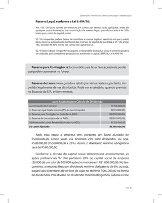 Operações financeiras, salários, encargos e depreciação
115
Reserva Legal, conforme a Lei 6.404/76:
Art. 193. Do lucro líquido do exercício, 5% (cinco por cento) serão aplicados, antes de
qualquer outra destinação, na constituição da reserva legal, que não excederá de 20%
(vinte por cento) do capital social.
§1.º A companhia poderá deixar de constituir a reserva legal no exercício em que o saldo
dessa reserva, acrescido do montante das reservas de capital de que trata o §1.º do artigo
182, exceder de 30% (trinta por cento) do capital social.
§2.º A reserva legal tem por fim assegurar a integridade do capital social e somente poderá
ser utilizada para compensar prejuízos ou aumentar o capital. (BRASIL, Lei 6.404/76)
Reserva para Contingência: lucro retido para fazer face a possíveis perdas
que podem acontecer no futuro.
Reserva de Lucro: lucro gerado e retido por várias razões e, portanto, im-
pedida legalmente de ser distribuída. Pode ser estatutária, quando prevista
no Estatuto da S/A, evidentemente.
Lucro Ajustado para Cálculo do Dividendo
Lucro Líquido do Exercício R$700.000,00
(-) Reserva Legal Criada no Ano (5% do Lucro Líquido) R$(35.000,00)
(-) Reserva para Contigências (votada na AGO) R$(200.000,00)
(-) Reserva de Lucros (votada na AGO) R$(305.000,00)
(+) Reserva de Lucros Revertida (votada na AGO) R$200.000,00
(=) Lucro Ajustado R$360.000,00
Após essa etapa a empresa tem, portanto, um lucro ajustado de
R$360.000,00. Desse valor, ela destinará 25% para dividendos, ou seja,
R$90.000,00 (R$360.000,00 x 25%). Assim, o dividendo mínimo obrigatório
será de R$90.000,00.
Conforme a divisão do capital social demonstrada anteriormente, as
ações preferenciais “A” (PA) perfazem 20% do capital social da empresa
(20 000 de um total de 100 000 ações) e montam em R$1.000.000,00. No lan-
çamento, a empresa fixou um dividendo mínimo obrigatório de 6%, ou seja,
pagará aos detentores desse lote de ação no mínimo R$60.000,00 na forma
de dividendos. Pela divisão do dividendo mínimo obrigatório, caberia a esse
 