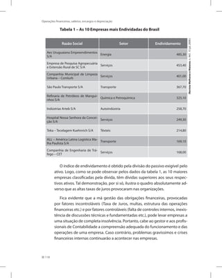 118
Operações financeiras, salários, encargos e depreciação
Tabela 1 – As 10 Empresas mais Endividadas do Brasil
Razão Social Setor Endividamento
Aes Uruguaiana Empreendimentos
S/A
Energia 485,30
Empresa de Pesquisa Agropecuária
e Extensão Rural de SC S/A
Serviços 453,40
Companhia Municipal de Limpeza
Urbana – Comlurb
Serviços 401,00
São Paulo Transporte S/A Transporte 367,70
Refinaria de Petróleos de Mangui-
nhos S/A
Química e Petroquímica 325,10
Indústrias Arteb S/A Autoindústria 258,70
Hospital Nossa Senhora da Concei-
ção S/A
Serviços 249,30
Teka – Tecelagem Kuehnrich S/A Têxteis 214,80
ALL – América Latina Logística Ma-
lha Paulista S/A
Transporte 169,10
Companhia de Engenharia de Trá-
fego – CET
Serviços 168,00
O índice de endividamento é obtido pela divisão do passivo exigível pelo
ativo. Logo, como se pode observar pelos dados da tabela 1, as 10 maiores
empresas classificadas pela dívida, têm dívidas superiores aos seus respec-
tivos ativos. Tal demonstração, por si só, ilustra o quadro absolutamente ad-
verso que as altas taxas de juros provocaram nas organizações.
Fica evidente que a má gestão das obrigações financeiras, provocadas
por fatores incontroláveis (Taxa de Juros, multas, estrutura das operações
financeiras etc.) e por fatores controláveis (falta de controles internos, inexis-
tência de discussões técnicas e fundamentadas etc.), pode levar empresas a
uma situação de completa insolvência. Portanto, cabe ao gestor e aos profis-
sionais de Contabilidade a compreensão adequada do funcionamento e das
operações de uma empresa. Caso contrário, problemas gravíssimos e crises
financeiras internas continuarão a acontecer nas empresas.
(RevistaMelhoreseMaiores,n.947,15jul.2009.)
 