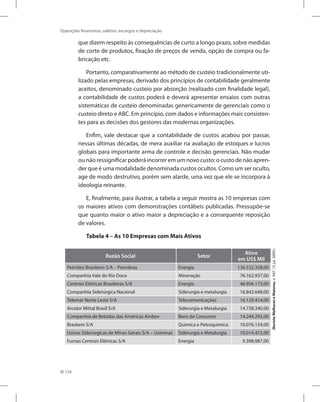 124
Operações financeiras, salários, encargos e depreciação
que dizem respeito às consequências de curto a longo prazo, sobre medidas
de corte de produtos, fixação de preços de venda, opção de compra ou fa-
bricação etc.
Portanto, comparativamente ao método de custeio tradicionalmente uti-
lizado pelas empresas, derivado dos princípios de contabilidade geralmente
aceitos, denominado custeio por absorção (realizado com finalidade legal),
a contabilidade de custos poderá e deverá apresentar ensaios com outras
sistemáticas de custeio denominadas genericamente de gerenciais como o
custeio direto e ABC. Em princípio, com dados e informações mais consisten-
tes para as decisões dos gestores das modernas organizações.
Enfim, vale destacar que a contabilidade de custos acabou por passar,
nessas últimas décadas, de mera auxiliar na avaliação de estoques e lucros
globais para importante arma de controle e decisão gerenciais. Não mudar
ou não ressignificar poderá incorrer em um novo custo: o custo de não apren-
der que é uma modalidade denominada custos ocultos. Como um ser oculto,
age de modo destrutivo, porém sem alarde, uma vez que ele se incorpora à
ideologia reinante.
E, finalmente, para ilustrar, a tabela a seguir mostra as 10 empresas com
os maiores ativos com demonstrações contábeis publicadas. Pressupõe-se
que quanto maior o ativo maior a depreciação e a consequente reposição
de valores.
Tabela 4 – As 10 Empresas com Mais Ativos
Razão Social Setor
Ativo
em US$ Mil
Petróleo Brasileiro S/A – Petrobras Energia 136.532.358,00
Companhia Vale do Rio Doce Mineração 76.162.937,00
Centrais Elétricas Brasileiras S/A Energia 46.956.173,00
Companhia Siderúrgica Nacional Siderurgia e metalurgia 16.842.648,00
Telemar Norte Leste S/A Telecomunicações 16.129.414,00
Arcelor Mittal Brasil S/A Siderurgia e Metalurgia 14.738.340,00
Companhia de Bebidas das Américas Ambev Bens de Consumo 14.244.292,00
Braskem S/A Química e Petroquímica 10.076.154,00
Usinas Siderúrgicas de Minas Gerais S/A – Usiminas Siderurgia e Metalurgia 10.014.472,00
Furnas Centrais Elétricas S/A Energia 9.398.987,00
(RevistaMelhoreseMaiores,n.947,15jul.2009.)
 