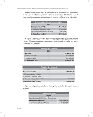 146
Demonstrações contábeis: Balanço Patrimonial, Demonstração de Resultados e Fluxo de Caixa
A Demonstração de Lucros Acumulados serve para verificar o que foi feito
com o lucro líquido e que, obviamente, não passou pela DRE. Abaixo se pode
notar que houve uma distribuição de R$4.000,00 na forma de dividendos.
Demonstração dos Lucros Acumulados
2003
Saldo em 31/12/2002 R$1.000,00
(+) Resultado Líquido em 2003 R$10.000,00
(-) Dividendos distribuídos em 2003 R$4.000,00
(=) Saldo Final em 2003 R$7.000,00
A seguir serão esclarecidos dois valores importantes que normalmente
causam dúvidas nas pessoas quando se deparam pela primeira vez com o
Fluxo de Caixa, a saber:
Apuração das Compras
2003
CVM atual R$85.000,00
(+) Estoque em 2003 R$21.000,00
(-) Estoque em 2003 R$14.000,00
(=) Compras em 2003 R$92.000,00
Apuração das Compras
2003
Despesas incorridas R$35.000,00
(+) Despesas a pagar em 2002 -
(-) Despesas a pagar em 2003 -
(-) Despesas antecipadas em 2003 R$1.000,00
(=) Despesas pagas em 2003 R$34.000,00
Agora sim é possível calcular os fluxos pelos métodos diretos e indiretos.
Vejamos:
Fluxo Direto – 2003
Origens
Caixa Gerado pelas Atividades Operacionais
Recebimento de Vendas R$128.000,00
(+) Contas a Receber Anterior R$16.000,00
 