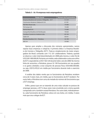 120
Operações financeiras, salários, encargos e depreciação
Tabela 3 – As 10 empresas mais empregadoras
Razão Social Número de Funcionários
Empresa Brasileira de Correios e Telégrafos – ECT 112 331
Construtora Norberto Odebrecht S/A 81 991
Wal-Mart Brasil Ltda. 75 000
Tnl Contax S/A 74 499
Atento Brasil S/A 73 000
Companhia Brasileira de Distribuição 70 656
Carrefour Comércio e Indústra Ltda; 65 144
Sadia S/A 60 641
Petróleo Brasileiro S/A – Petrobras 55 199
JBS S/A 55 000
Apenas para ampliar a discussão dos números apresentados, vamos
separar duas empresas e cotejá-las. A primeira delas é a Empresa Brasilei-
ra de Correios e Telégrafos (ECT). Trata-se simplesmente da maior empre-
gadora do Brasil, contando com 112 331 colaboradores. Todavia, quando
se observa o valor total desembolsado em 2008 pela mesma, o valor foi de
US$2.001.900.000,00.Portanto,emmédia,cadacolaboradorcustouaoscofres
da ECT o equivalente a US$17.821,44 durante todo o ano de 2008. Na mesma
linha de raciocínio, a Petrobras, possui 55 199 funcionários em seu quadro
e os gastos atrelados a esse conjunto de pessoas ficou US$4.000.300.000,
ou seja, US$72.470,52 em média por funcionário durante todo o exercício
de 2008.
A análise dos dados revela que os funcionários da Petrobras recebem
cerca de 4 vezes mais, em média, que os funcionários da ECT recebem. Por
outro lado, a Petrobras tem cerca da metade do número de funcionários que
a ECT emprega.
Enfim, parece que em se tratando de uma visão calcada na postura de
empregar pessoas, a ECT é duas vezes mais envolvida com o tema quando
comparada com a também estatal Petrobras. Por outro lado, individualmen-
te, cada funcionário da Petrobras coloca em seu bolso, em média, 4 vezes
mais que seus colegas da ECT.
(Revista
Melhores
e
Maiores,
n.
947,
15
jul.
2009.)
 