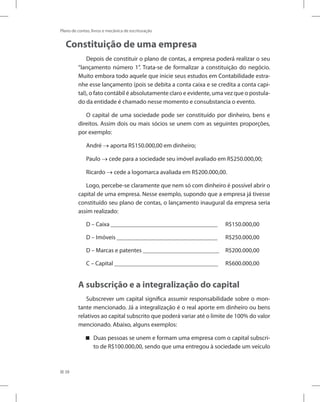 38
Plano de contas, livros e mecânica de escrituração
Constituição de uma empresa
Depois de constituir o plano de contas, a empresa poderá realizar o seu
“lançamento número 1”. Trata-se de formalizar a constituição do negócio.
Muito embora todo aquele que inicie seus estudos em Contabilidade estra-
nhe esse lançamento (pois se debita a conta caixa e se credita a conta capi-
tal), o fato contábil é absolutamente claro e evidente, uma vez que o postula-
do da entidade é chamado nesse momento e consubstancia o evento.
O capital de uma sociedade pode ser constituído por dinheiro, bens e
direitos. Assim dois ou mais sócios se unem com as seguintes proporções,
por exemplo:
André → aporta R$150.000,00 em dinheiro;
Paulo → cede para a sociedade seu imóvel avaliado em R$250.000,00;
Ricardo → cede a logomarca avaliada em R$200.000,00.
Logo, percebe-se claramente que nem só com dinheiro é possível abrir o
capital de uma empresa. Nesse exemplo, supondo que a empresa já tivesse
constituído seu plano de contas, o lançamento inaugural da empresa seria
assim realizado:
D – Caixa ___________________________________ R$150.000,00
D – Imóveis _________________________________ R$250.000,00
D – Marcas e patentes _________________________ R$200.000,00
C – Capital __________________________________ R$600.000,00
A subscrição e a integralização do capital
Subscrever um capital significa assumir responsabilidade sobre o mon-
tante mencionado. Já a integralização é o real aporte em dinheiro ou bens
relativos ao capital subscrito que poderá variar até o limite de 100% do valor
mencionado. Abaixo, alguns exemplos:
Duas pessoas se unem e formam uma empresa com o capital subscri-


to de R$100.000,00, sendo que uma entregou à sociedade um veículo
 