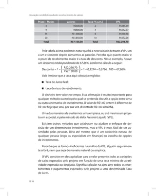 94
Apuração contábil do resultado: reconhecimento de valores
Prazo – Meses Valores Taxa (% a.m.) VPL
3 R$600,00 2 R$565,39
9 R$800,00 4 R$562,07
15 R$1.900,00 8 R$598,96
20 R$3.850,00 10 R$572,28
Total R$7.150,00 Total R$2.298,70
Pela tabela acima podemos notar que há a necessidade de trazer aVPL um
a um e somente depois somarmos as parcelas. Perceba que quanto maior é
o prazo de recebimento, maior é a taxa de desconto. Nesse exemplo, houve
um desconto médio ponderado de 67,86%, conforme cálculo a seguir:
Desconto = 1 –
R$2.298,70
R$7.150,00
= 1 – 0,3214 = 0,6786 . 100 = 67,86%
Vale lembrar que a taxa aqui colocada engloba:
Taxa de Juros Real;


taxa de risco do recebimento.


O dinheiro tem valor no tempo. Essa afirmação é muito importante para
qualquer método ou meio pelo qual se pretenda discutir a opção entre uma
ou outra alternativa de investimento. O valor de R$1,00 ontem é diferente de
R$1,00 hoje que será, por sua vez, distinto de R$1,00 amanhã.
Uma das maneiras de avaliarmos uma empresa, ou até mesmo um proje-
to em especial, é pelo método do Valor Presente Líquido (VPL).
Existem outros métodos que colaboram ou ajudam o enfoque de de-
cisão de um determinado investimento, mas o VPL é mais fácil de ser as-
similado pelas pessoas. Diria até mesmo que é um raciocínio natural de
qualquer pessoa (leigo ou especialista em finanças) na escolha de opções
de investimento.
Perceba que se formos ineficientes na análise doVPL, alguém seguramen-
te o fará, nem que seja de maneira natural ou empírica.
O VPL consiste em descapitalizar para o valor presente todas as variações
de caixa esperadas pelo projeto em função de uma taxa mínima de atrati-
vidade esperada ou desejada. Significa calcular na data zero todos os rece-
bimentos e pagamentos esperados pelo projeto a uma determinada Taxa
de Juros.
 