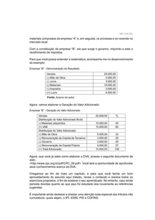 101 UNIUBE
Empresa “B” - Demonstração do Resultado
Vendas 25.000,00
(-) Mão de Obra 5.000,00
(-) Juros 3.000,00
(-) Materiais 10.000,00
(-) Impostos 3.000,00
(=) Lucro 4.000,00
Fonte: Acervo do autor.
Agora, vamos elaborar a Geração do Valor Adicionado:
Empresa “B” - Geração do Valor Adicionado
Vendas 25.000,00 %
Distribuição do Valor Adicionado Bruto
(-) Materiais adquiridos 10.000,00 40
(=) VAB 15.000,00 60
Distribuição do Valor Adicionado
(-) Mão de Obra 5.000,00 33
(-) Remuneração de Capital de Terceiros 3.000,00 20
(-) Governo 3.000,00 20
(-) Remuneração de Capital Próprio 4.000,00 27
(=) Total Adicionado 15.000,00 100
Agora, que você já sabe como elaborar a DVA, acesse o seguinte documento de
web.:
<http://www.cpc.org.br/pdf/CPC_09.pdf>. Você terá a oportunidade de aprofundar
seus conhecimentos acerca da DVA.
Chegamos ao ﬁm de mais um capítulo, e para que você tenha um bom
aproveitamento do assunto aqui tratado, revise o conteúdo e resolva todos os
exercícios propostos, a ﬁm de acelerar o seu aprendizado. No entanto, caso ainda
persista dúvidas quanto ao que aqui foi estudado leia novamente as referências
sugeridas.
É importante ainda destacar e prestar uma atenção toda especial aos tributos não
cumulativos, quais sejam, o IPI, ICMS, PIS e COFINS.
materiais comprados da empresa “A” e, em seguida, os processa e os revende no
mercado local.
Com a constituição da empresa “B”, eis que surge o governo, impondo a esta o
recolhimento de impostos.
Para que você possa entender a sistemática, acompanhe-me no desenvolvimento
do exemplo:
 