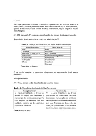 6 UNIUBE
Para que possamos melhorar a estrutura apresentada no quadro anterior e
levando em consideração as alterações advindas da Lei 11.638/07, principalmente,
quanto à classiﬁcação das contas do ativo permanente, veja a seguir as novas
classiﬁcações.
Art. 178, parágrafo 1º, c. Altera a classiﬁcação das contas do ativo permanente.
Resumindo, ﬁcaria assim, de acordo com a Lei 11.638/07:
Quadro 2- Alteração da classiﬁcação das contas do Ativo Permanente
Fonte: Acervo do autor.
Redação anterior Nova redação
Ativo Ativo
Circulante Circulante
Realizável a Longo Prazo Não Circulante
Permanente Realizável a Longo Prazo
Investimentos Permanente
Imobilizado Investimentos
Diferido Imobilizado
Intangível
E, de modo especial, o tratamento dispensado ao permanente ﬁcará assim
distribuído:
Ativo permanente
Art.179. As contas serão classiﬁcadas do seguinte modo:
Quadro 3 - Alteração da classiﬁcação do Ativo Permanente
Fonte: Acervo do autor.
Redação anterior Nova redação
IV – no Ativo Imobilizado: os direitos que
tenham por objeto bens destinados à
manutenção das atividades da companhia
e da empresa, ou exercidos com essa
ﬁnalidade, inclusive os de propriedade
industrial ou comercial.
IV – no Ativo Imobilizado: os direitos
que tenham por objeto bens corpóreos
destinados à manutenção das atividades
da companhia ou da empresa ou exercidos
com essa ﬁnalidade, os decorrentes de
operações que transﬁram à companhia os
benefícios, riscos e controle desses bens.
 