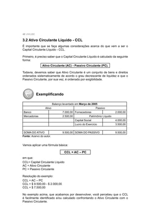 48 UNIUBE
3.2 Ativo Circulante Líquido - CCL
É importante que se faça algumas considerações acerca do que vem a ser o
Capital Circulante Líquido - CCL.
Primeiro, é preciso saber que o Capital Circulante Líquido é calculado da seguinte
forma:
Exempliﬁcando
Fonte: Acervo do autor.
Vamos aplicar uma fórmula básica:
CCL = AC – PC
em que:
CCL= Capital Circulante Líquido
AC = Ativo Circulante
PC = Passivo Circulante
Resolução do exemplo:
CCL = AC – PC
CCL = $ 9.500,00 - $ 2.000,00
CCL = $ 7.500,00
No exemplo acima, que acabamos por desenvolver, você percebeu que o CCL
é facilmente identiﬁcado e/ou calculado confrontando o Ativo Circulante com o
Passivo Circulante.
Ativo Circulante (AC) - Passivo Circulante (PC).
Todavia, devemos saber que Ativo Circulante é um conjunto de bens e direitos
ordenados sistematicamente de acordo o grau decrescente de liquidez e que o
Passivo Circulante, por sua vez, é ordenado por exigibilidade.
Balanço levantado em Março de 2005
Ativo Passivo
Banco 7.000,00 Fornecedores 2.000,00
Mercadorias 2.500,00 Patrimônio Líquido
Capital Social 4.000,00
Lucro do Exercício 3.500,00
SOMA DO ATIVO 9.500,00 SOMA DO PASSIVO 9.500,00
 