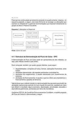 66 UNIUBE
Para darmos continuidade ao raciocínio proposto no quadro anterior, observe, no
esquema proposto, a seguir, uma outra forma de se enxergar as alterações que
ocorrem no “Disponível” a partir de movimentações que impactam diretamente os
grupos do Ativo e Passivo Circulante.
Esquema 1: Alterações no Disponível
Fonte: acervo do autor
4.1.1 Estrutura da Demonstração do Fluxo de Caixa – DFC
A Demonstração do Fluxo de Caixa pode ser apresentada de dois métodos, ou
seja, pelo método indireto e pelo direto.
Ela é composta, também, por quatro grupos distintos, quais sejam:
disponibilidades: composta por caixa, bancos, aplicações ﬁnanceiras, entre
outras;
atividades operacionais: são aquelas pertinentes à atividade ﬁm;
atividades de investimentos: é aquela relacionada com investimentos da
empresa;
atividades de ﬁnanciamentos: é aquela a qual se refere aos empréstimos e
ﬁnanciamentos captados de terceiros.
Vale lembrar que o método indireto é a demonstração dos recursos que provêm de
atividades operacionais partindo do lucro líquido do exercício, ajustado por itens
que afetam o resultado, alguns exemplos, depreciação, amortização, exaustão e
equivalência patrimonial, conhecidos por itens não monetários.
Conforme CPC 03, do Comitê de Pronunciamentos Contábeis, o modelo proposto
de Fluxo de Caixa é o demonstrado, a seguir:
•
•
•
•
 