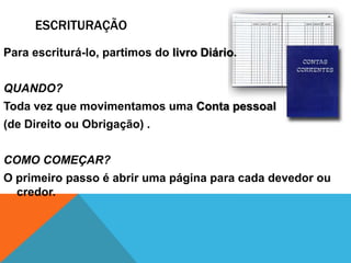 ESCRITURAÇÃO
Para escriturá-lo, partimos do livro Diário.


QUANDO?
Toda vez que movimentamos uma Conta pessoal
(de Direito ou Obrigação) .


COMO COMEÇAR?
O primeiro passo é abrir uma página para cada devedor ou
  credor.
 