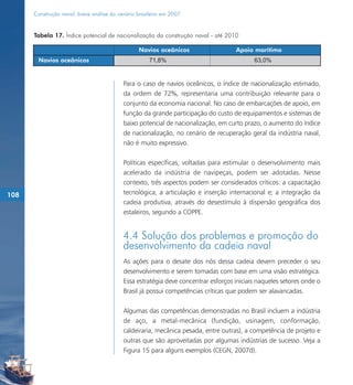 Construção naval: breve análise do cenário brasileiro em 2007


      Tabela 17. Índice potencial de nacionalização da construção naval - até 2010

                                                 Navios oceânicos                   Apoio marítimo
       Navios oceânicos                               71,8%                                63,0%


                                           Para o caso de navios oceânicos, o índice de nacionalização estimado,
                                           da ordem de 72%, representaria uma contribuição relevante para o
                                           conjunto da economia nacional. No caso de embarcações de apoio, em
                                           função da grande participação do custo de equipamentos e sistemas de
                                           baixo potencial de nacionalização, em curto prazo, o aumento do índice
                                           de nacionalização, no cenário de recuperação geral da indústria naval,
                                           não é muito expressivo.

                                           Políticas específicas, voltadas para estimular o desenvolvimento mais
                                           acelerado da indústria de navipeças, podem ser adotadas. Nesse
                                           contexto, três aspectos podem ser considerados críticos: a capacitação
108                                        tecnológica; a articulação e inserção internacional e; a integração da
                                           cadeia produtiva, através do desestímulo à dispersão geográfica dos
                                           estaleiros, segundo a COPPE.


                                           4.4 Solução dos problemas e promoção do
                                           desenvolvimento da cadeia naval
                                           As ações para o desate dos nós dessa cadeia devem preceder o seu
                                           desenvolvimento e serem tomadas com base em uma visão estratégica.
                                           Essa estratégia deve concentrar esforços iniciais naqueles setores onde o
                                           Brasil já possui competências críticas que podem ser alavancadas.

                                           Algumas das competências demonstradas no Brasil incluem a indústria
                                           de aço, a metal-mecânica (fundição, usinagem, conformação,
                                           caldeiraria, mecânica pesada, entre outras), a competência de projeto e
                                           outras que são aproveitadas por algumas indústrias de sucesso. Veja a
                                           Figura 15 para alguns exemplos (CEGN, 2007d).
 