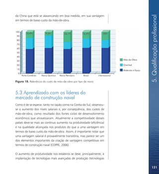5. Qualificação profissional
da China que está se alavancando em boa medida, em sua vantagem
em termos de baixo custo da mão-de-obra.




Figura 18. Relevância do custo de mão-de-obra por tipo de navio



5.3 Aprendizado com os líderes do
mercado de construção naval
Como é de se esperar, tanto no Japão como na Coréia do Sul, observou-
se o aumento dos níveis salariais e, por conseqüência, dos custos de
mão-de-obra, como resultado dos fortes ciclos de desenvolvimento
econômico que atravessaram. Atualmente a competitividade desses
países deve-se mais ao contínuo aumento na produtividade (eficiência)
e na qualidade alcançada nos produtos do que a uma vantagem em
termos de baixo custo da mão-de-obra. Assim, é importante notar que
uma vantagem salarial é provavelmente transitória, mas parece ser um
dos elementos importantes da criação de vantagens competitivas em
termos de construção naval (COPPE, 2006).

O aumento de produtividade nos estaleiros se deve, principalmente, à
implantação de tecnologias mais avançadas de produção (tecnologias

                                                                        121
 